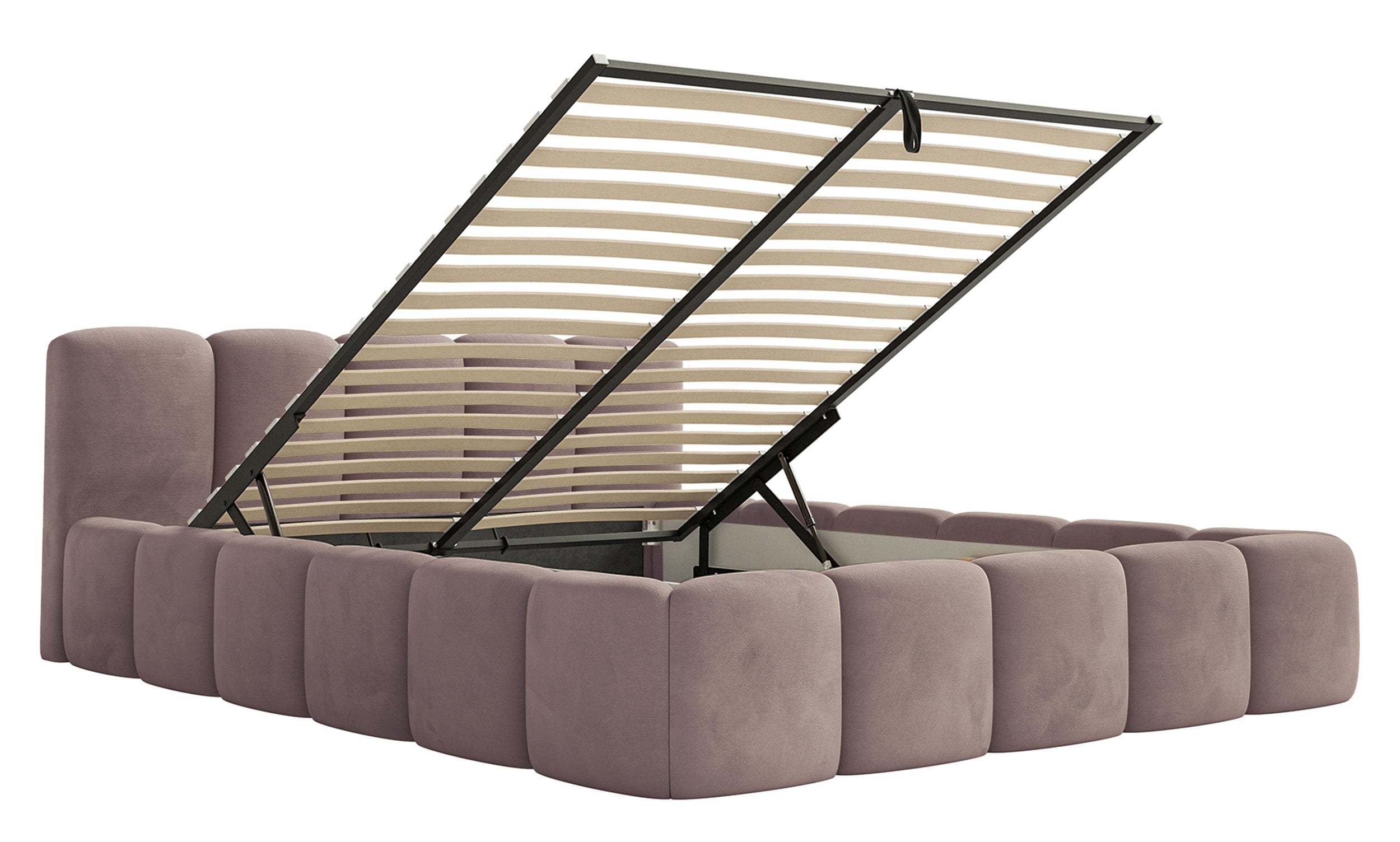 Gepolstertes Bett 120x200 cm Cloudy Low mit Stauraum, Metallrahmen, hellrosa Velours, wasserabweisend und pflegeleicht
