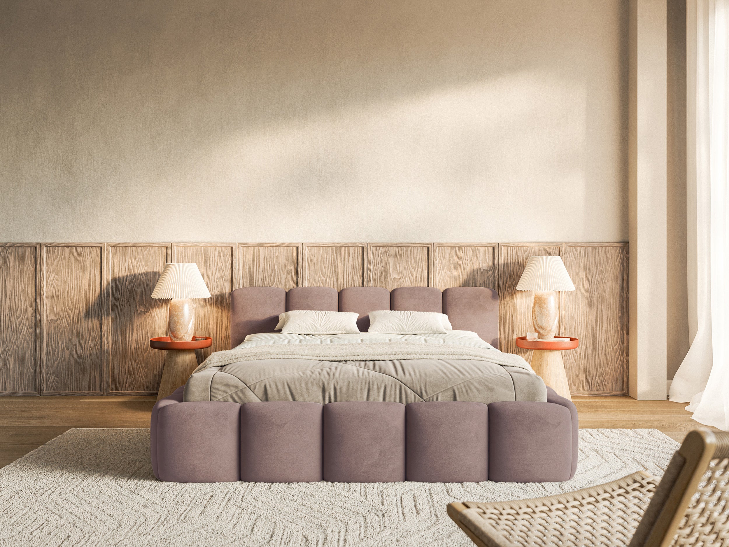 Gepolstertes Bett 120x200 cm Cloudy Low mit Stauraum, Metallrahmen, hellrosa Velours, wasserabweisend und pflegeleicht