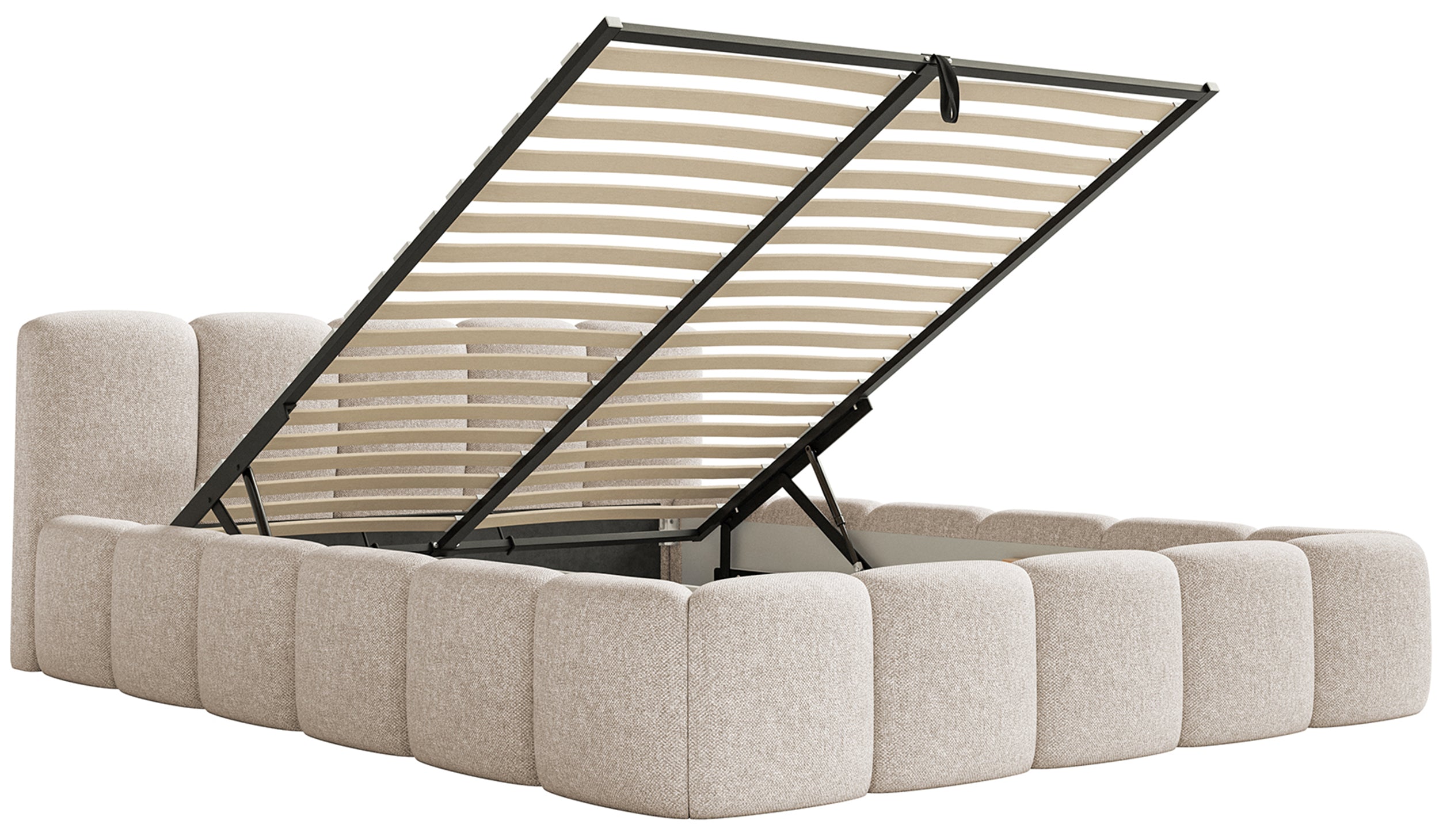 Polsterbett 120x200 cm Cloudy Low mit Stauraum, Metallrahmen, hellbeiger hydrophober Chenillestoff