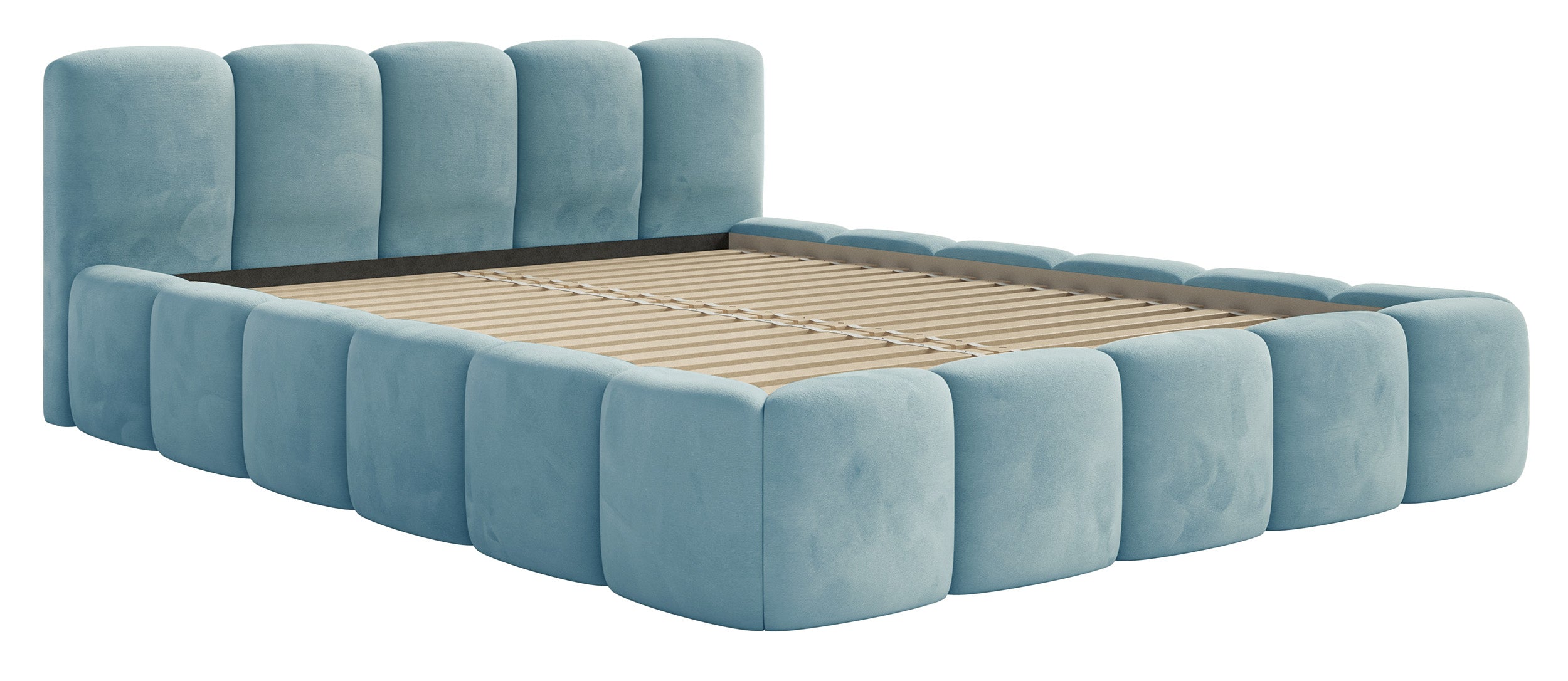 Gepolstertes Bett 120x200 cm Cloudy Low, hellblauer Velours, wasserabweisend und pflegeleicht