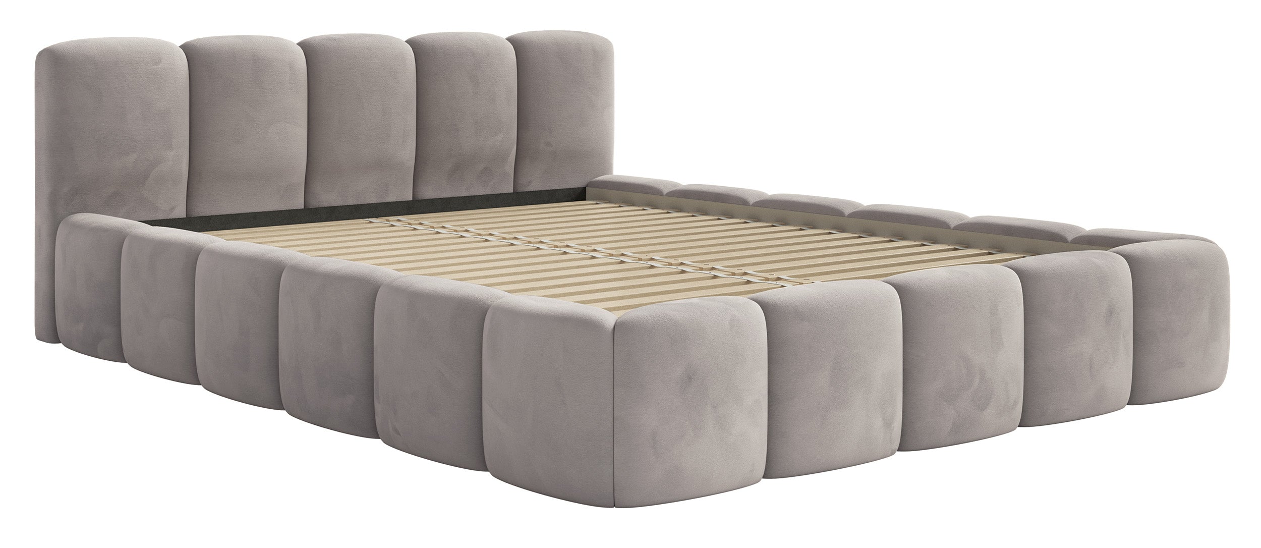 Gepolstertes Bett 120x200 cm Cloudy Low hellgrauer Velours, wasserabweisend und leicht zu reinigen