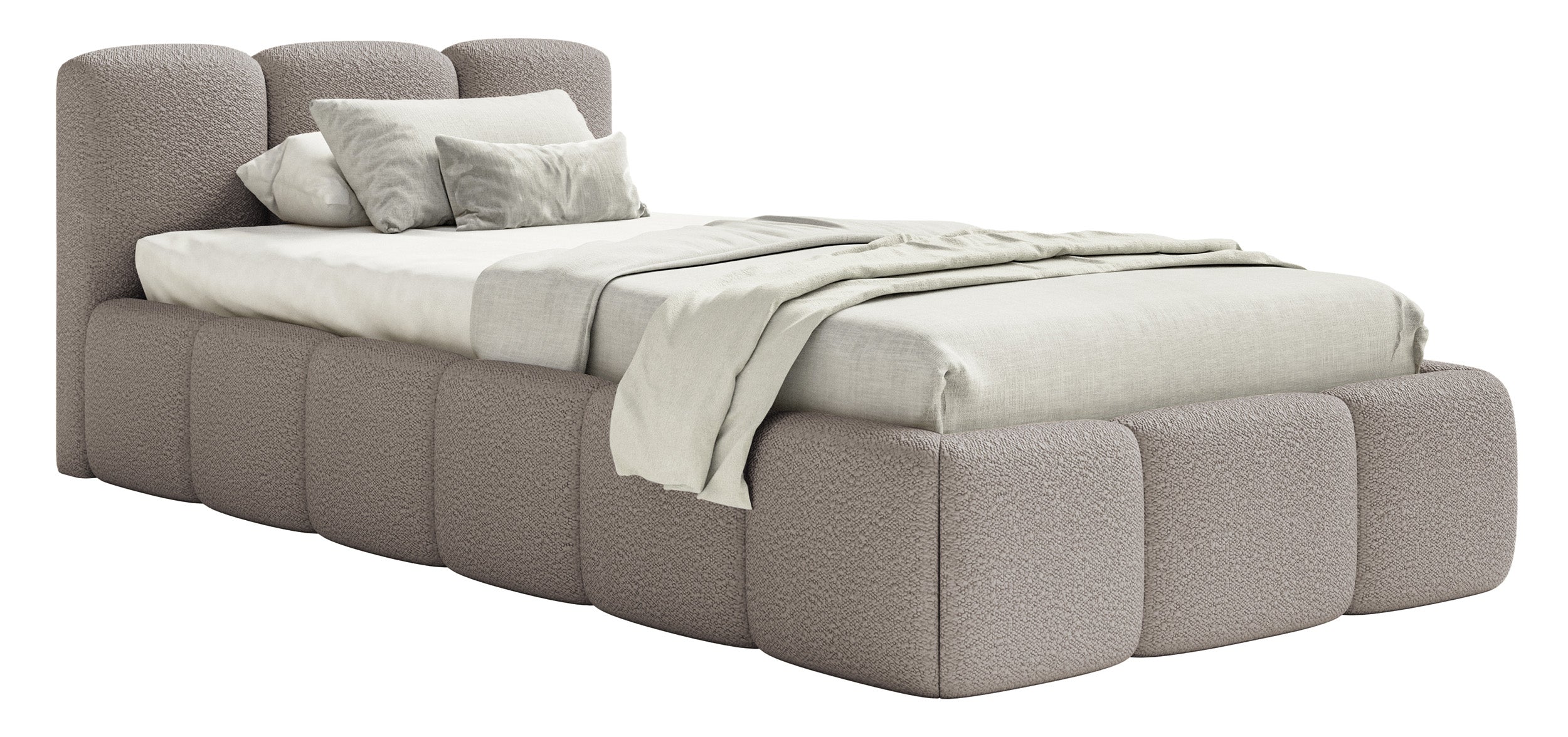 Gepolstertes Bett 90x200 cm Cloudy Low mit Bettkasten, Metallrahmen, hellgrauer Bouclé-Stoff