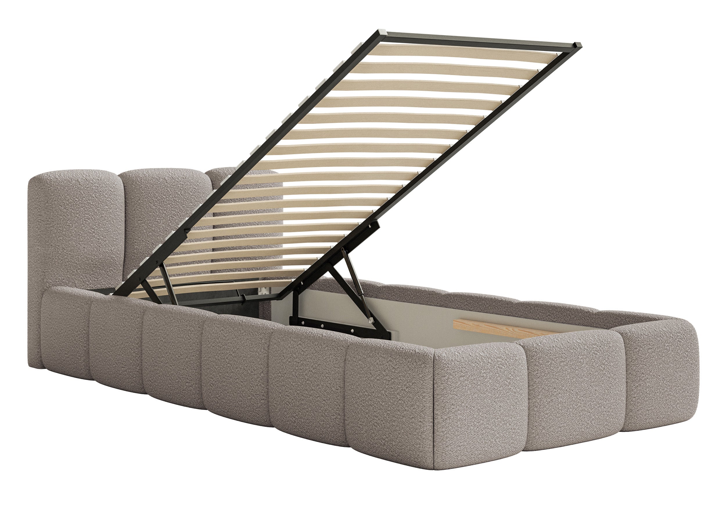 Gepolstertes Bett 90x200 cm Cloudy Low mit Bettkasten, Metallrahmen, hellgrauer Bouclé-Stoff