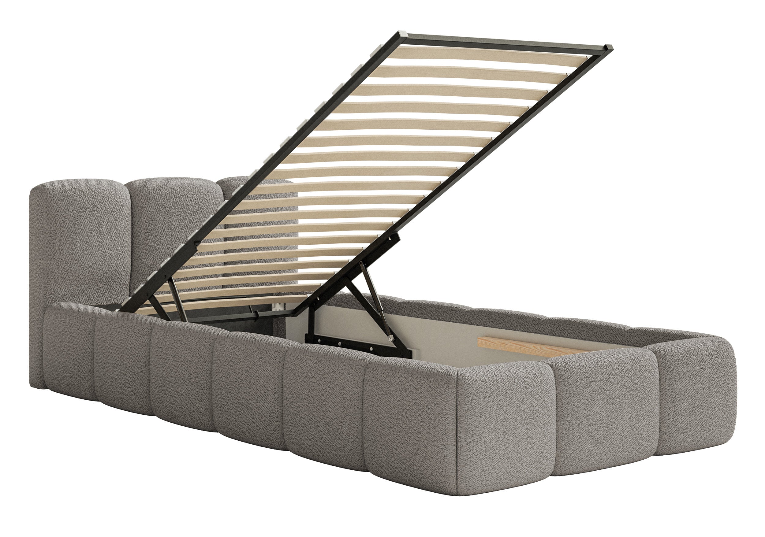 Polsterbett 90x200 cm Cloudy Low mit Stauraum, Metallrahmen, grauer Bouclé-Stoff