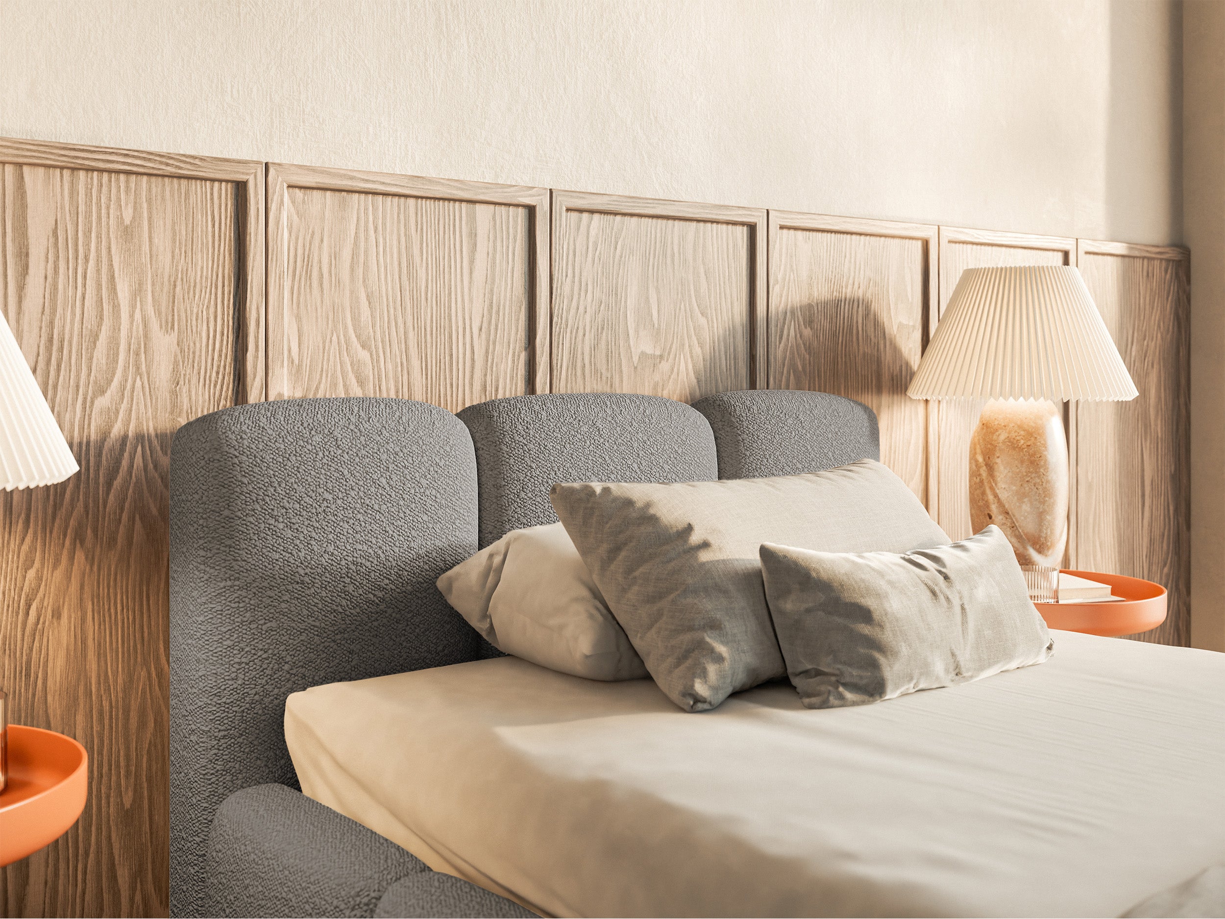 Polsterbett 90x200 cm Cloudy Low mit Stauraum, Metallrahmen, grauer Bouclé-Stoff
