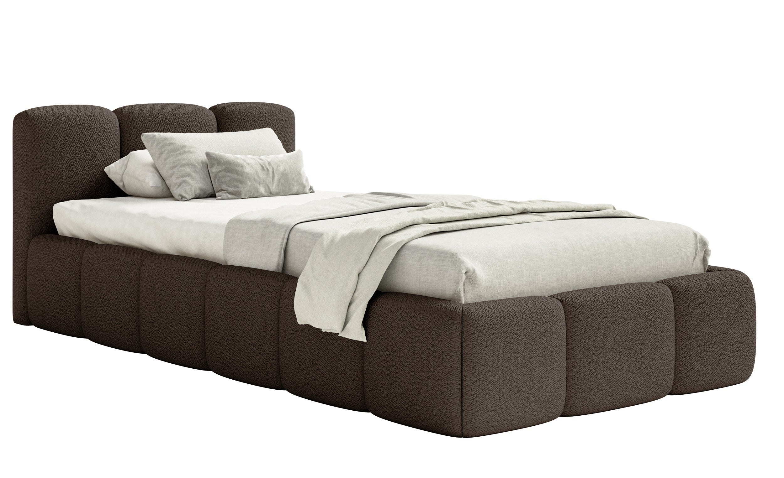 Polsterbett 90x200 cm Cloudy Low mit Stauraum, Metallrahmen, braunes Bouclé