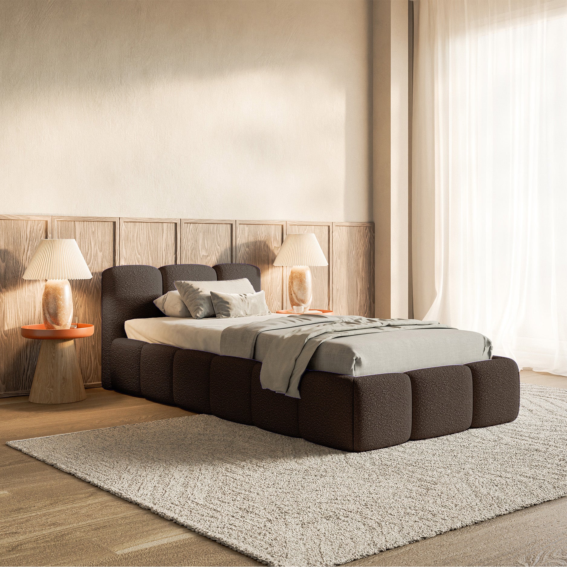 Polsterbett 90x200 cm Cloudy Low mit Stauraum, Metallrahmen, braunes Bouclé