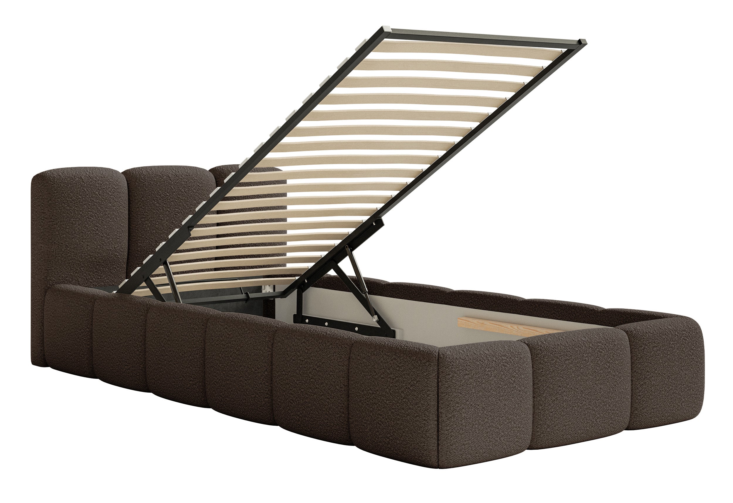 Polsterbett 90x200 cm Cloudy Low mit Stauraum, Metallrahmen, braunes Bouclé