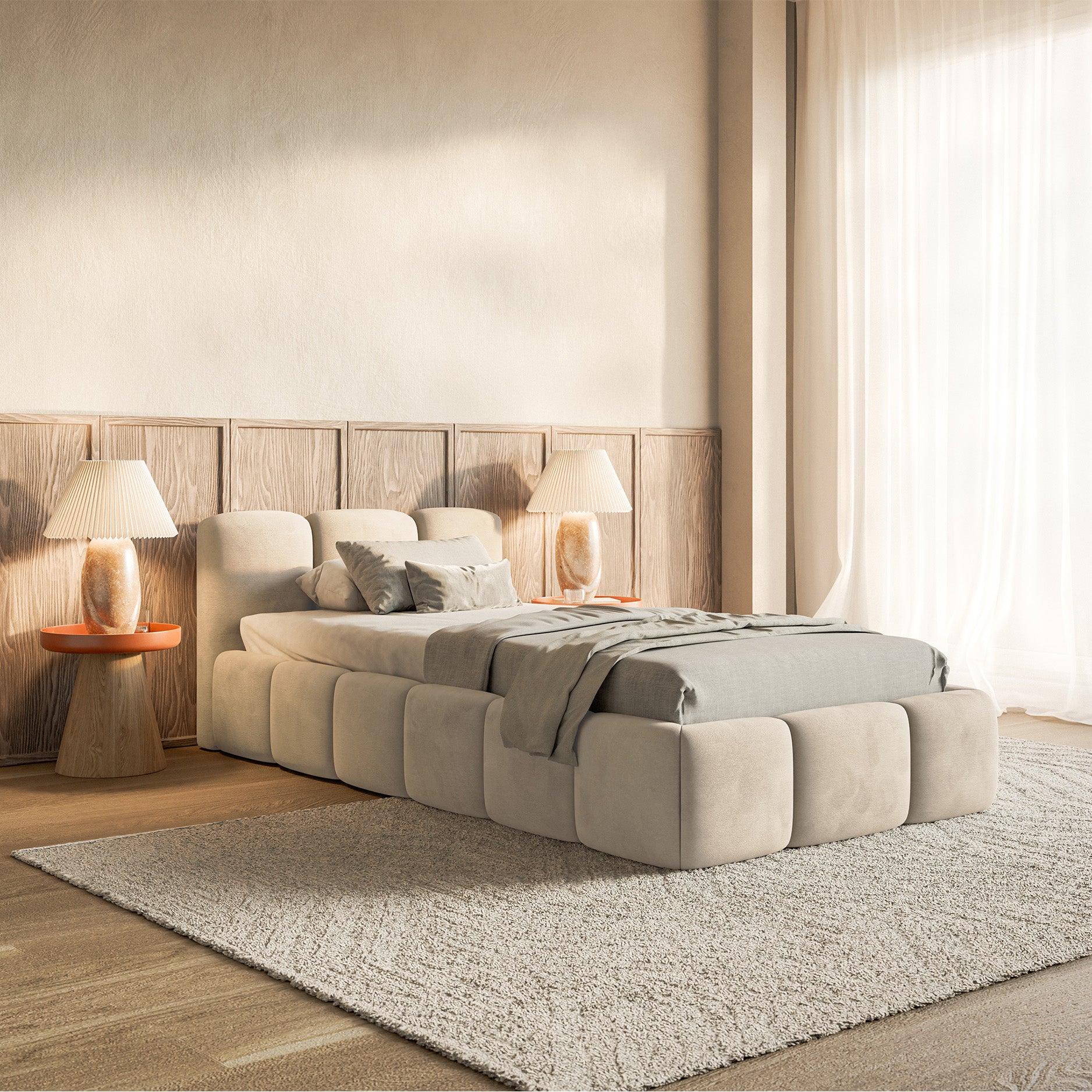 Polsterbett 90x200 cm Cloudy Low hellbeige Velours, wasserabweisend und pflegeleicht