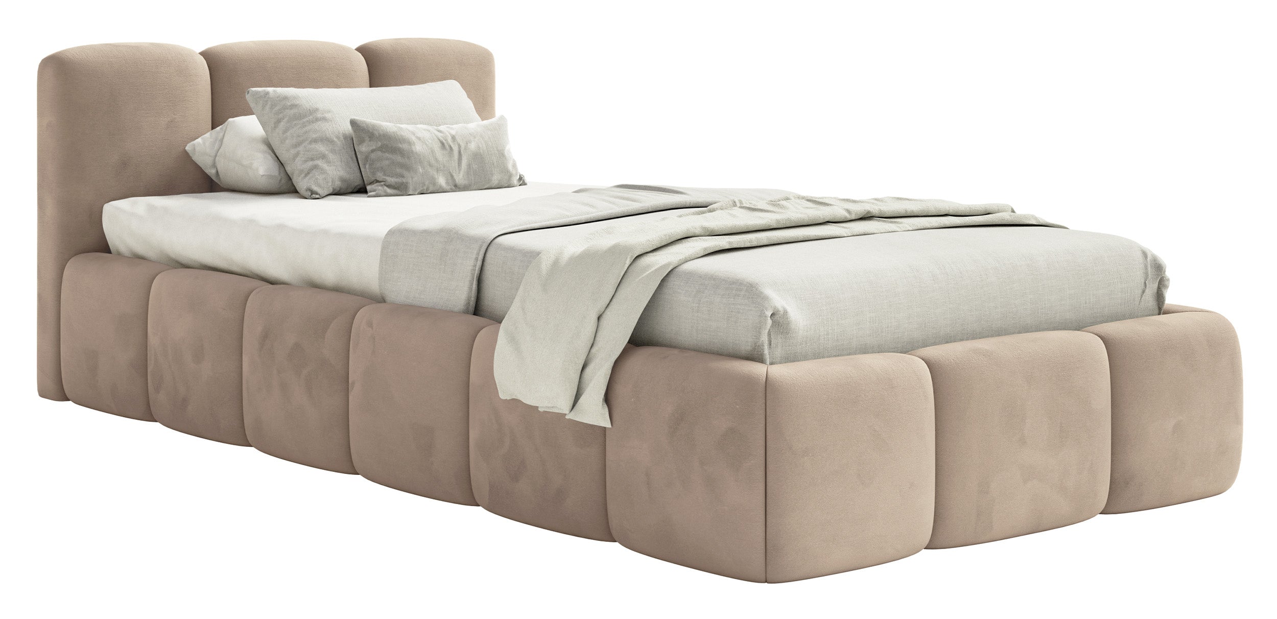 Polsterbett 90x200 cm Cloudy Low mit Stauraum, Metallrahmen, beige Velours, wasserabweisend und pflegeleicht
