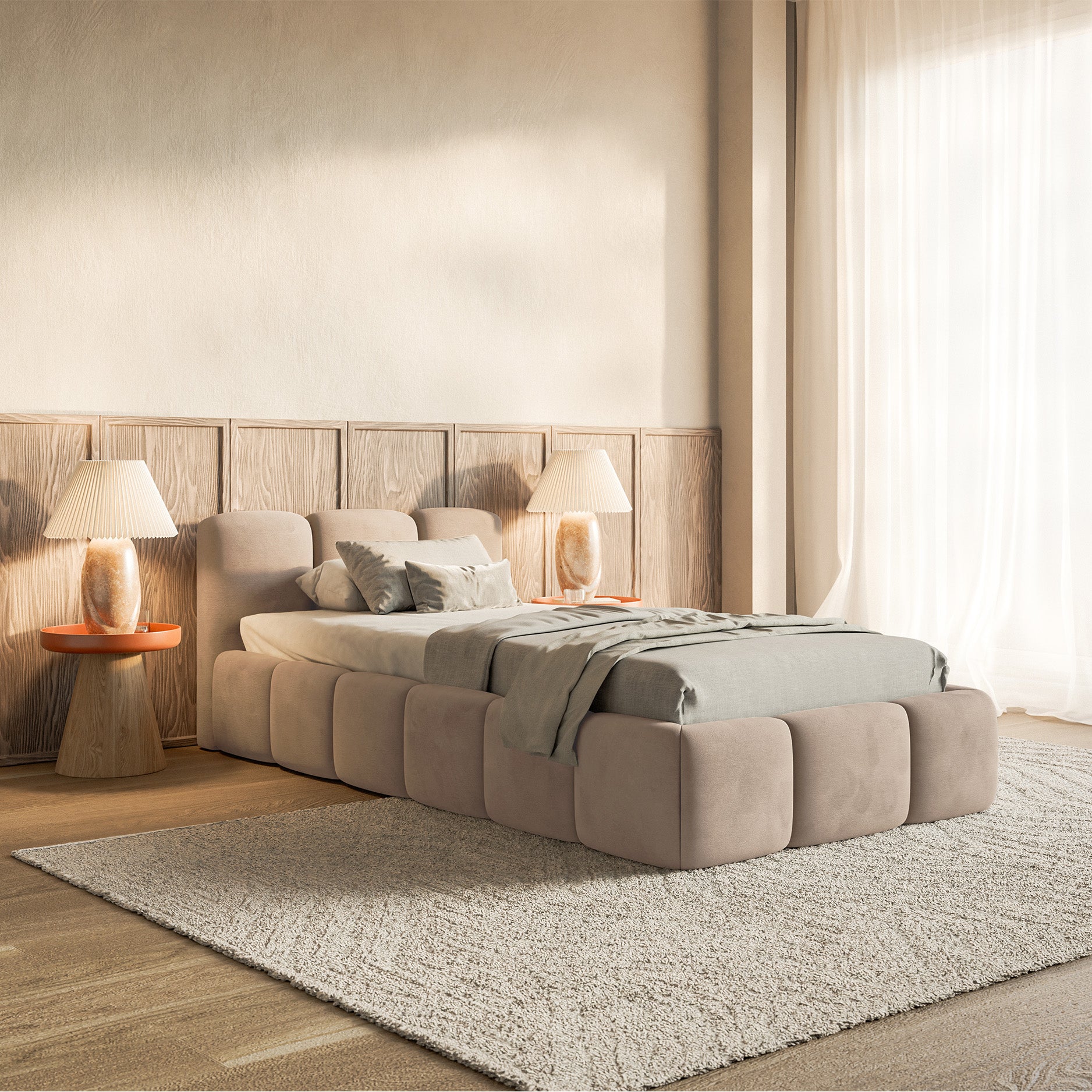 Polsterbett 90x200 cm Cloudy Low mit Stauraum, Metallrahmen, beige Velours, wasserabweisend und pflegeleicht