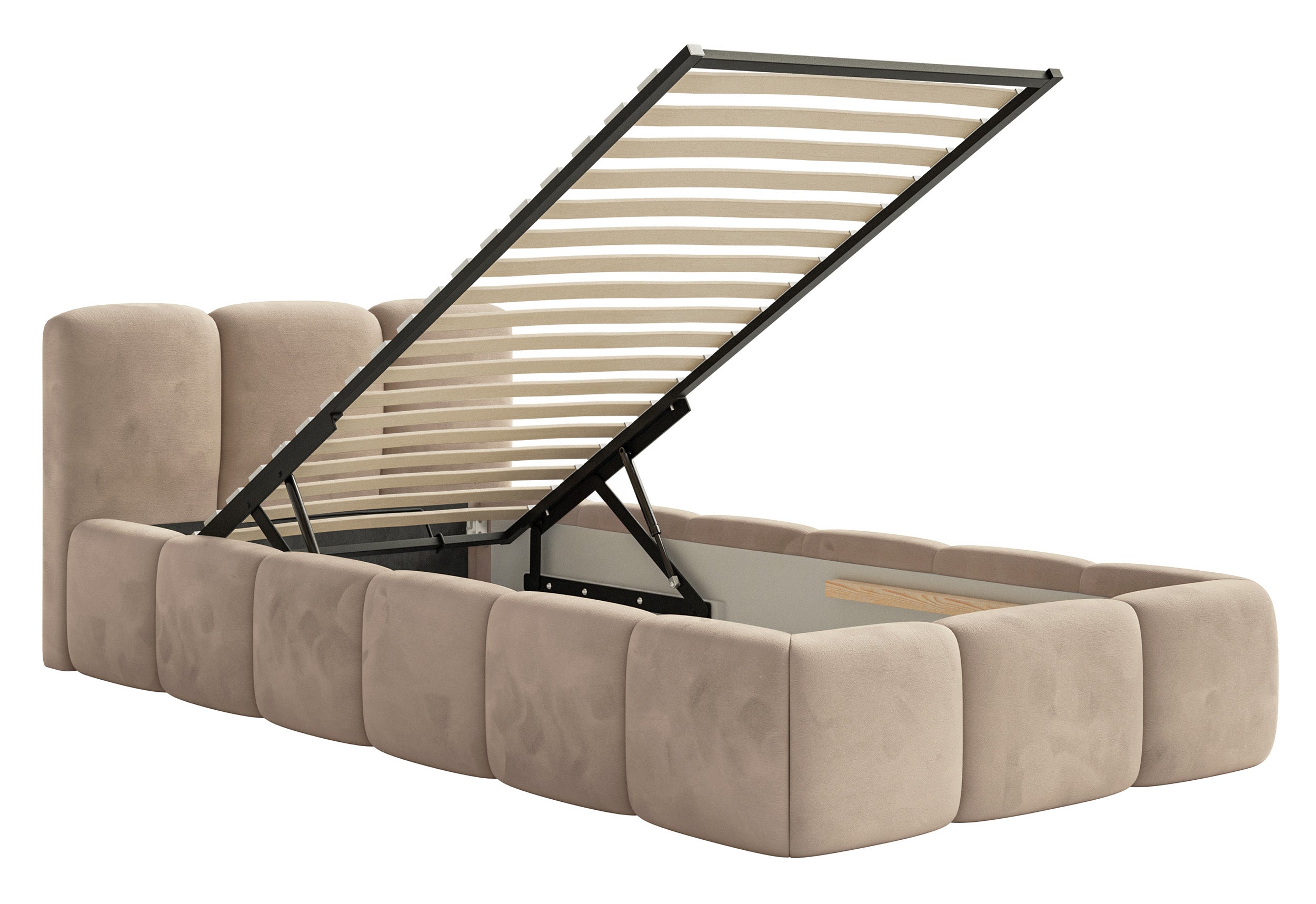 Polsterbett 90x200 cm Cloudy Low mit Stauraum, Metallrahmen, beige Velours, wasserabweisend und pflegeleicht