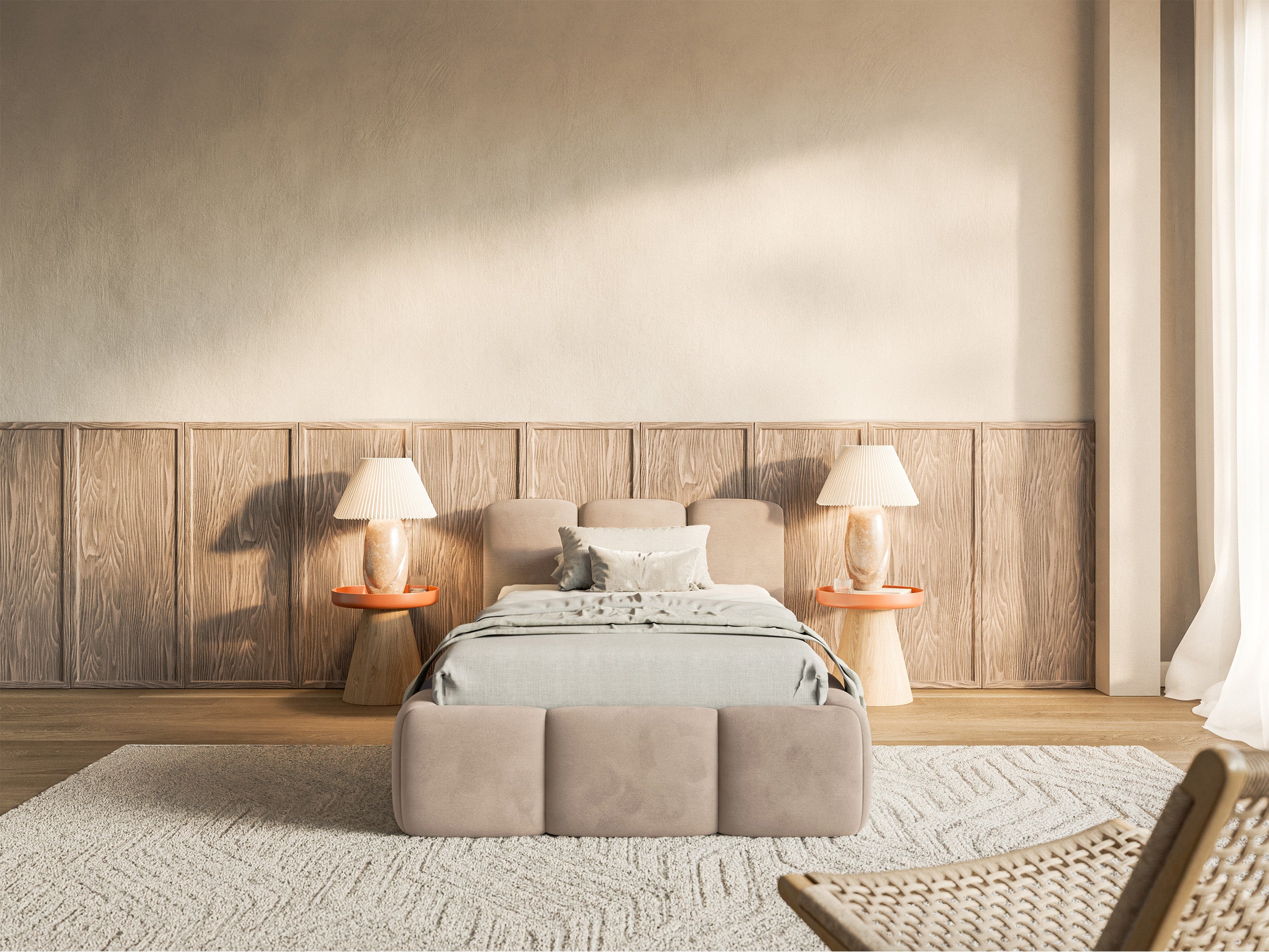 Polsterbett 90x200 cm Cloudy Low mit Stauraum, Metallrahmen, beige Velours, wasserabweisend und pflegeleicht