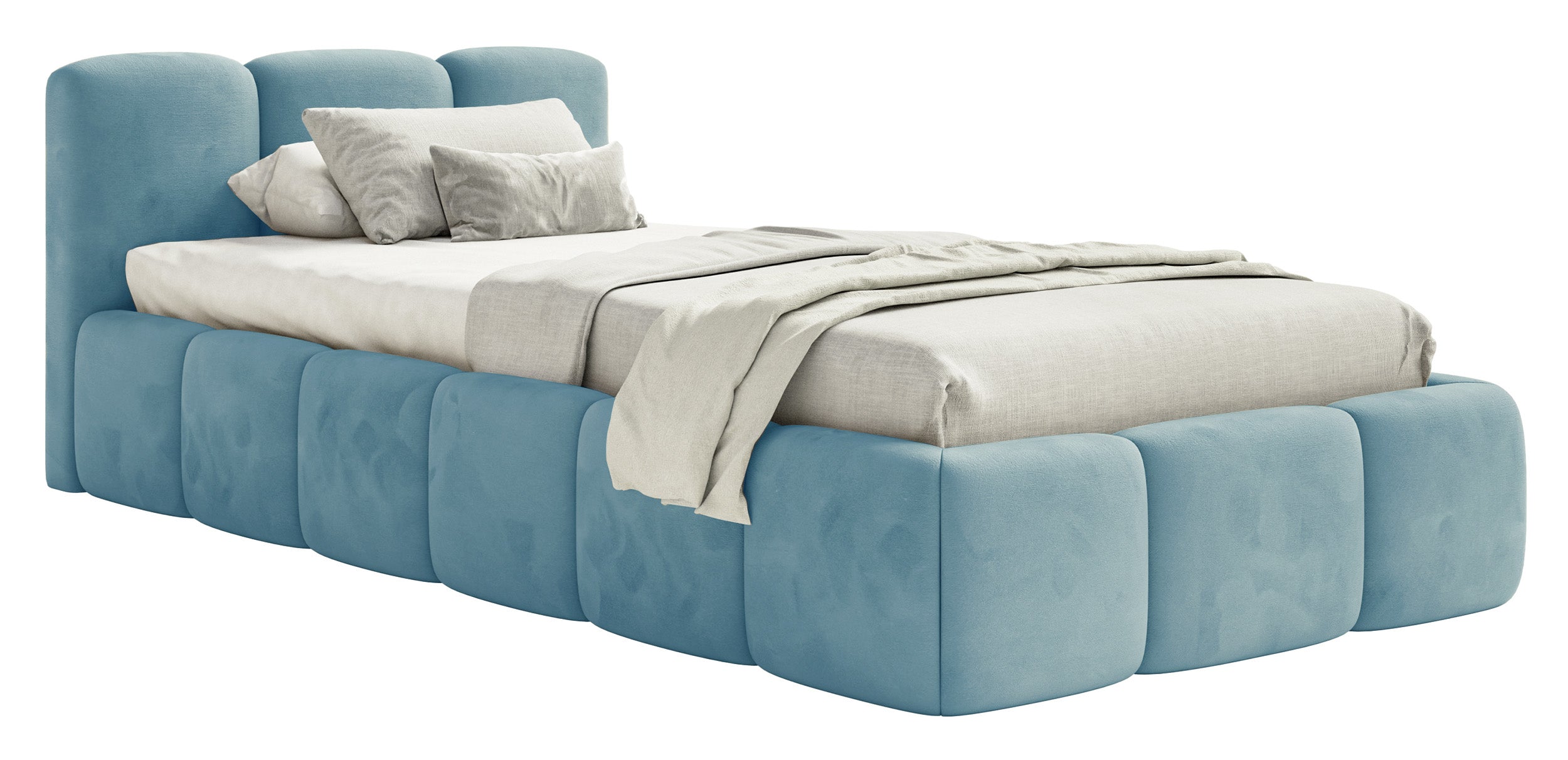 Gepolstertes Bett 90x200 cm Cloudy Low mit Stauraum, Metallrahmen, hellblauer Velours, wasserabweisend und pflegeleicht