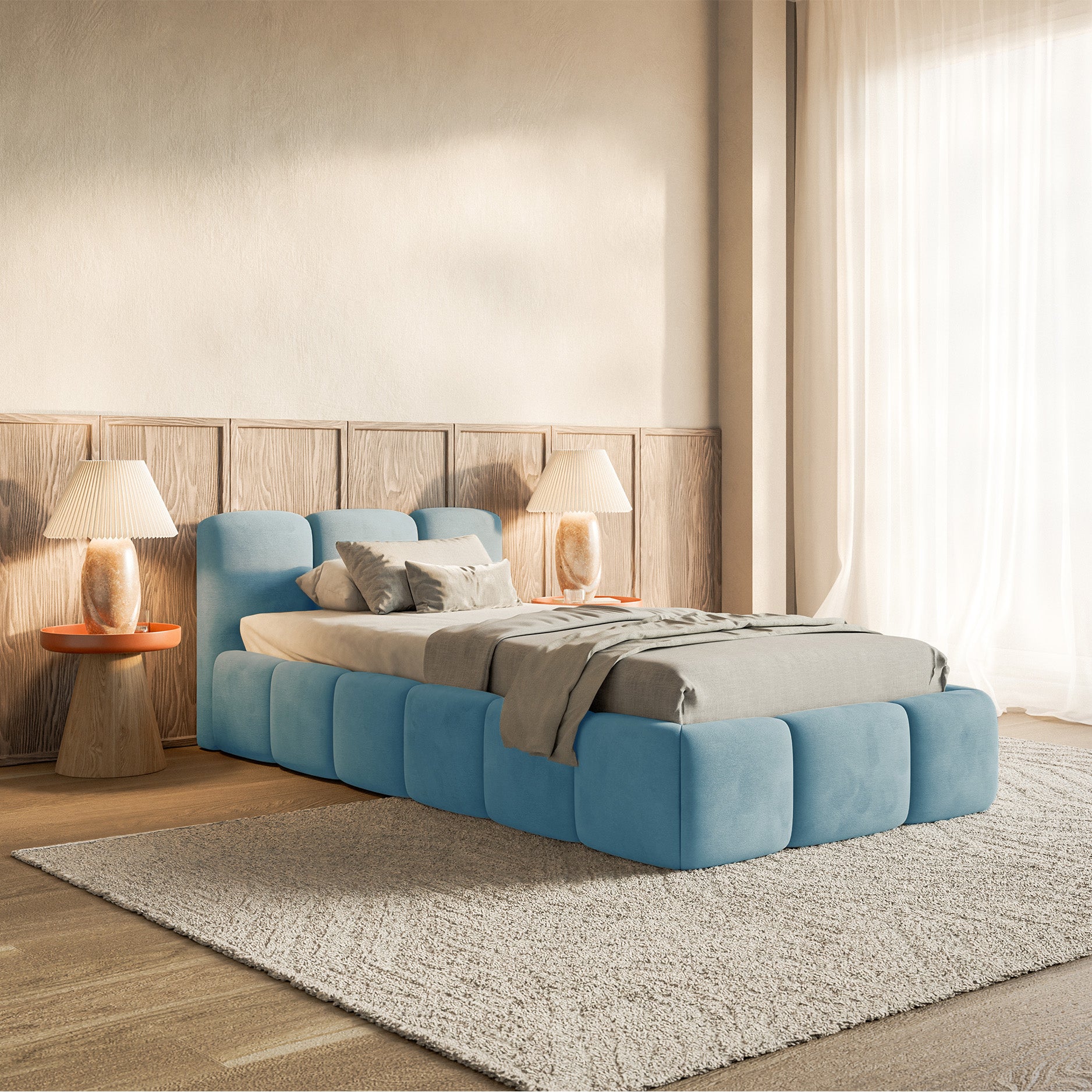 Gepolstertes Bett 90x200 cm Cloudy Low mit Stauraum, Metallrahmen, hellblauer Velours, wasserabweisend und pflegeleicht