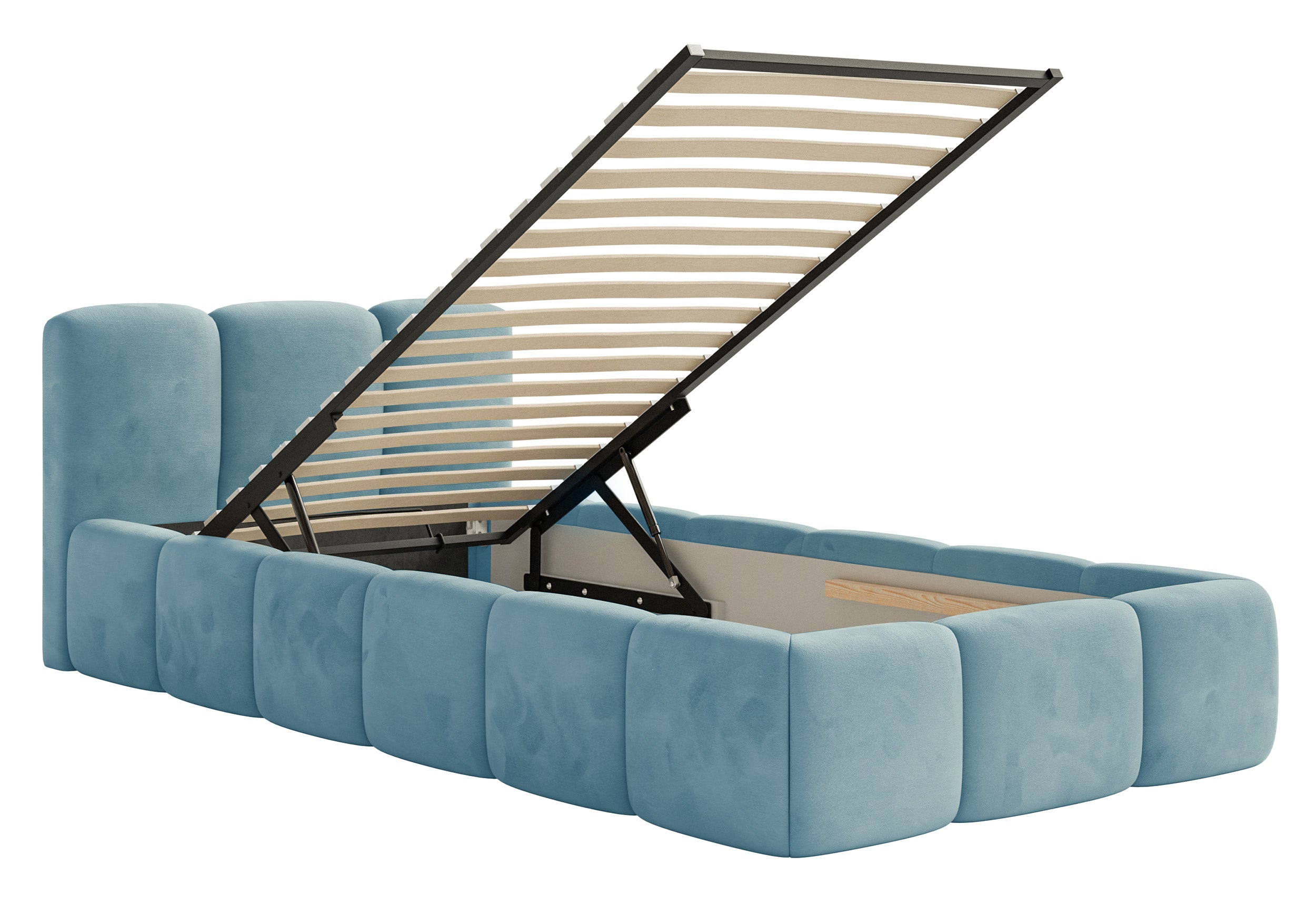 Gepolstertes Bett 90x200 cm Cloudy Low mit Stauraum, Metallrahmen, hellblauer Velours, wasserabweisend und pflegeleicht