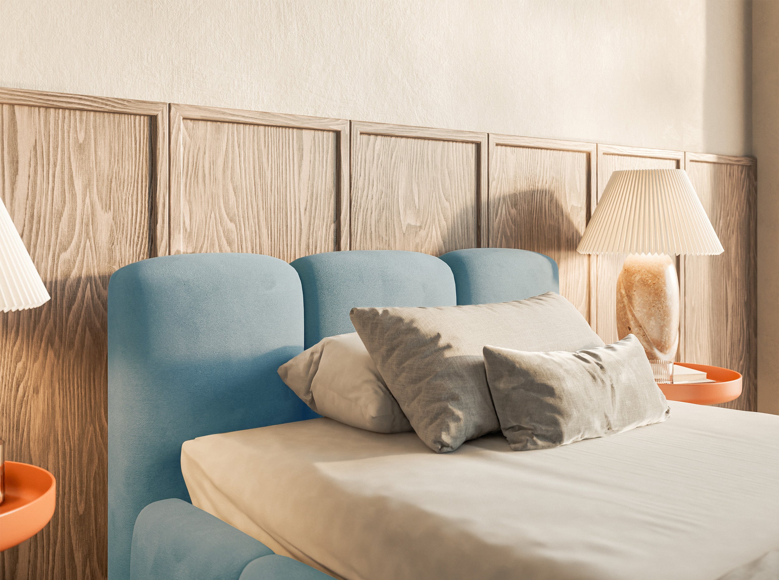 Gepolstertes Bett 90x200 cm Cloudy Low mit Stauraum, Metallrahmen, hellblauer Velours, wasserabweisend und pflegeleicht