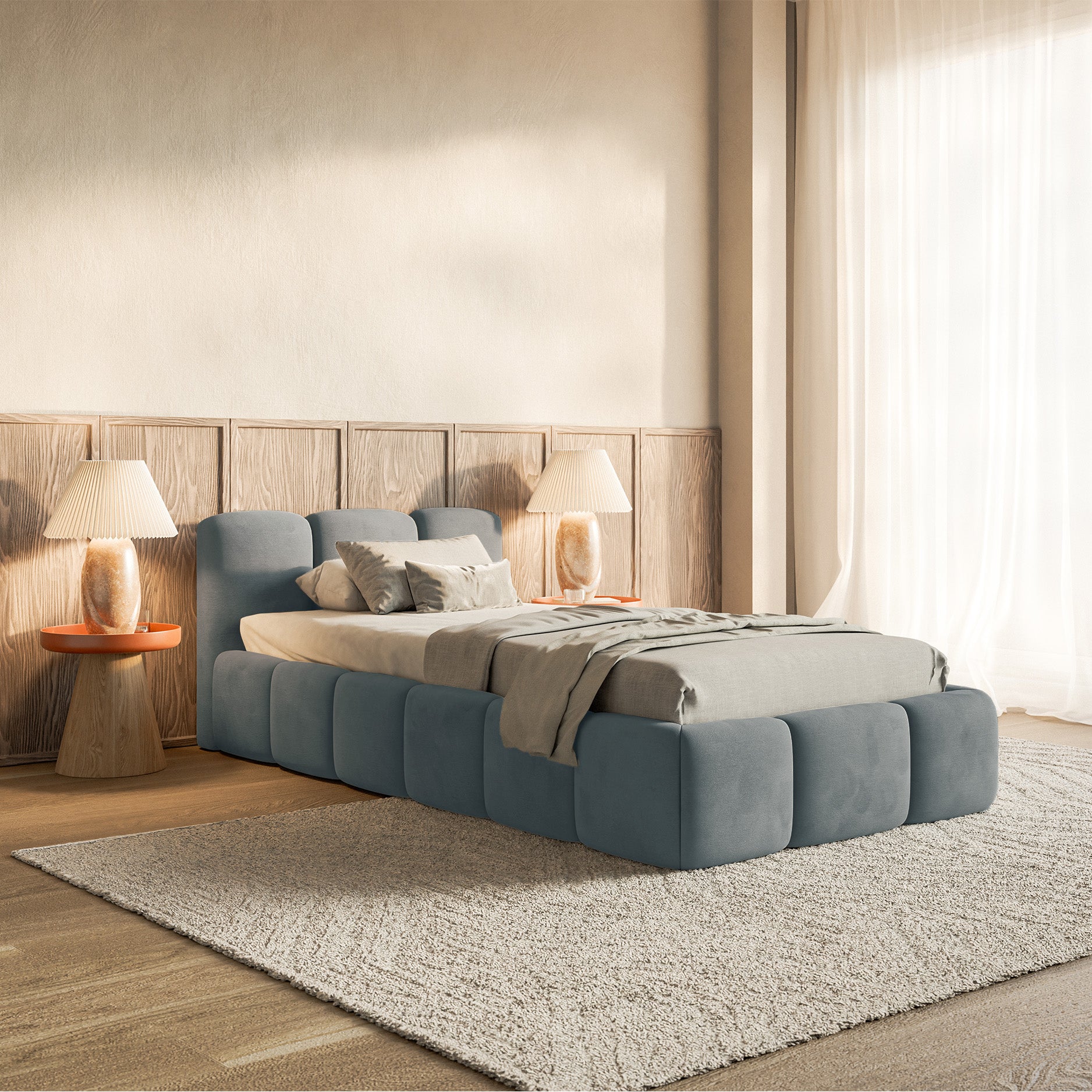 Polsterbett 90x200 cm Cloudy Low mit Stauraum, Metallrahmen, grauer Velours, wasserabweisend und pflegeleicht