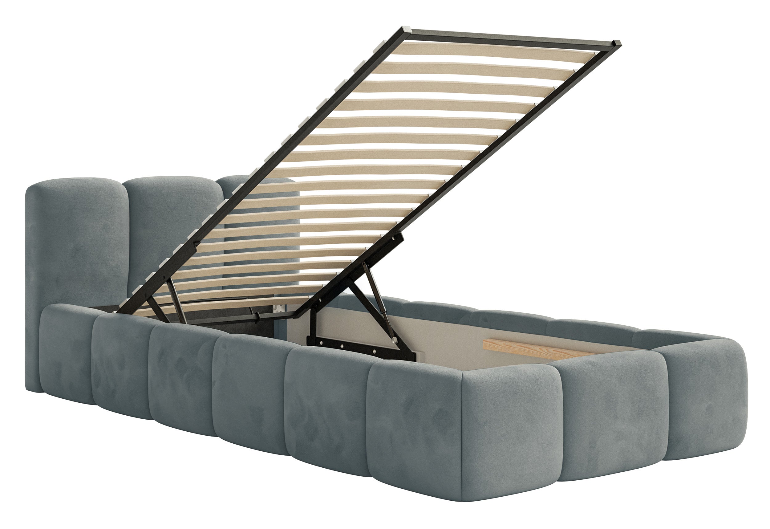 Polsterbett 90x200 cm Cloudy Low mit Stauraum, Metallrahmen, grauer Velours, wasserabweisend und pflegeleicht