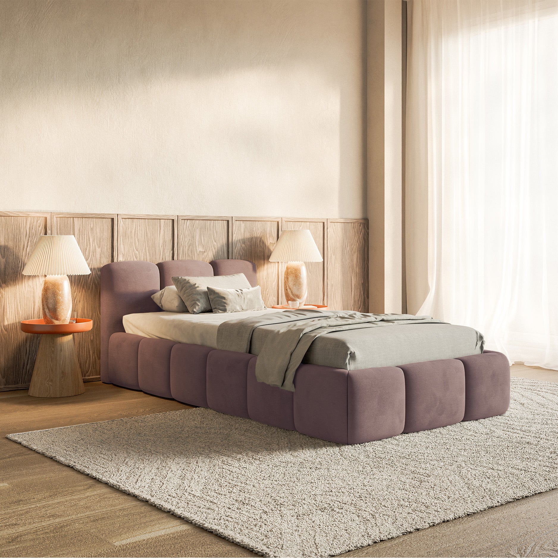 Gepolstertes Bett 90x200 cm Cloudy Low mit Stauraum, Metallrahmen, hellrosa Velours, wasserabweisend und leicht zu reinigen