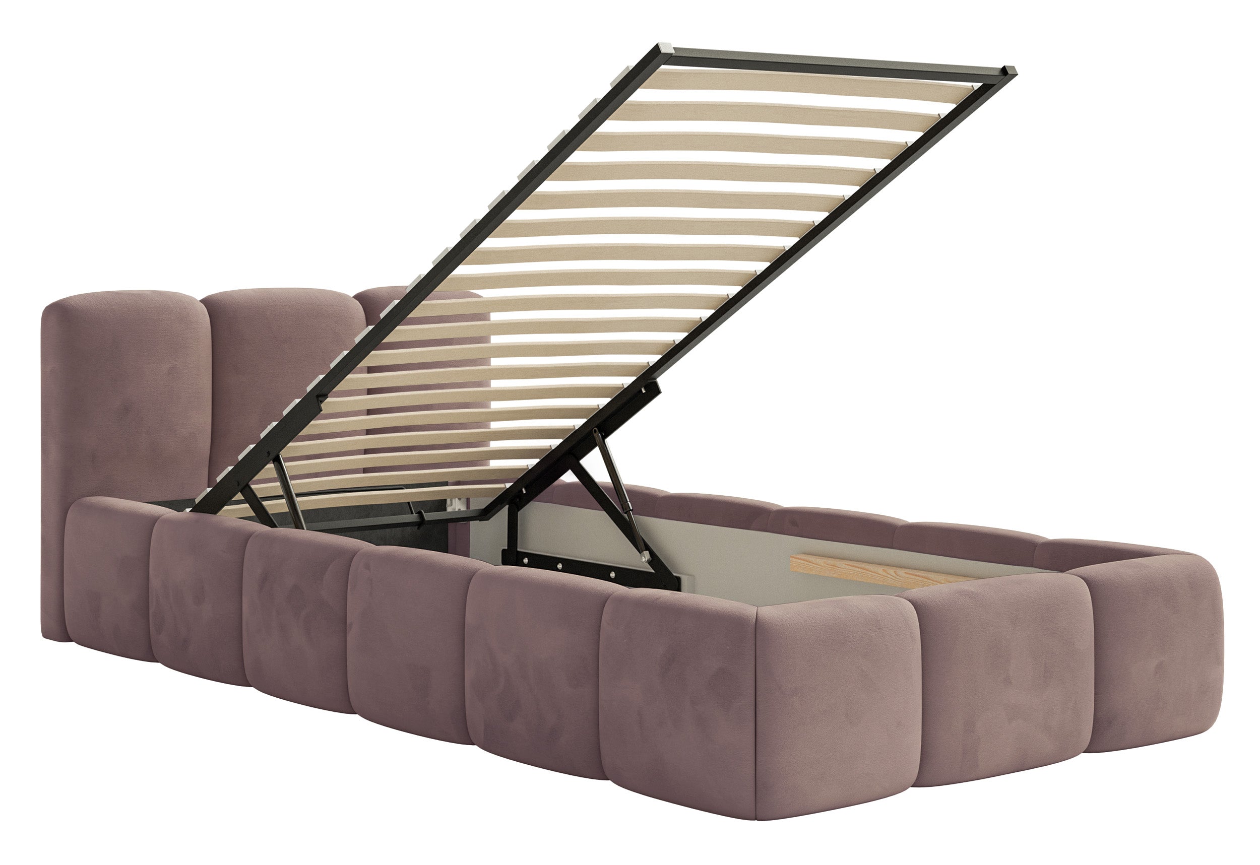 Gepolstertes Bett 90x200 cm Cloudy Low mit Stauraum, Metallrahmen, hellrosa Velours, wasserabweisend und leicht zu reinigen