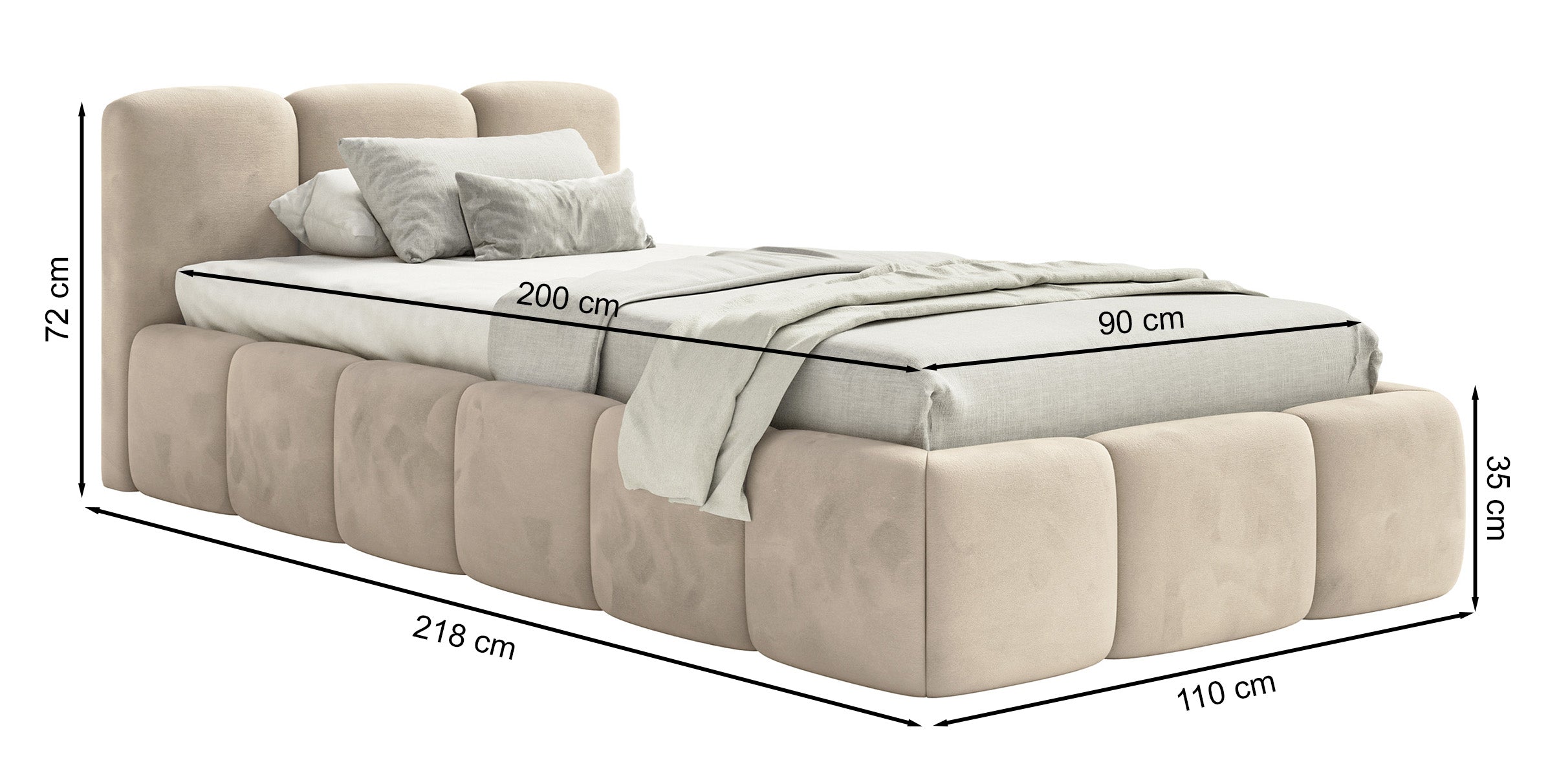 Polsterbett 90x200 cm Cloudy Low hellbeige Velours, wasserabweisend und pflegeleicht