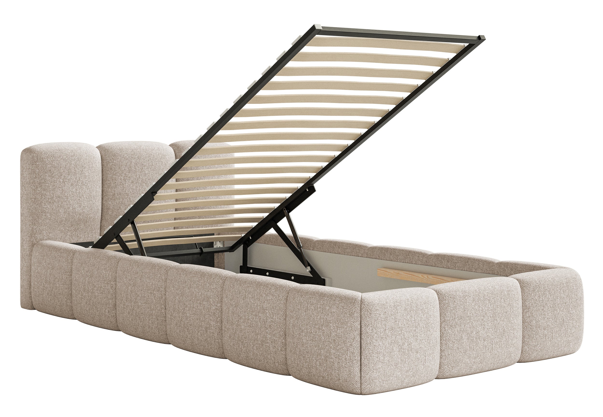 Polsterbett 90x200 cm Cloudy Low mit Stauraum, Metallrahmen, hellbeiger, wasserabweisender Chenille-Stoff