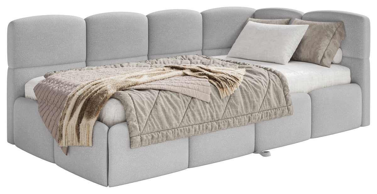 Jugendbett 90x200 cm Cloudy, ausziehbar, rechtsseitig, mit hellgrauen Chenille-Matratzen