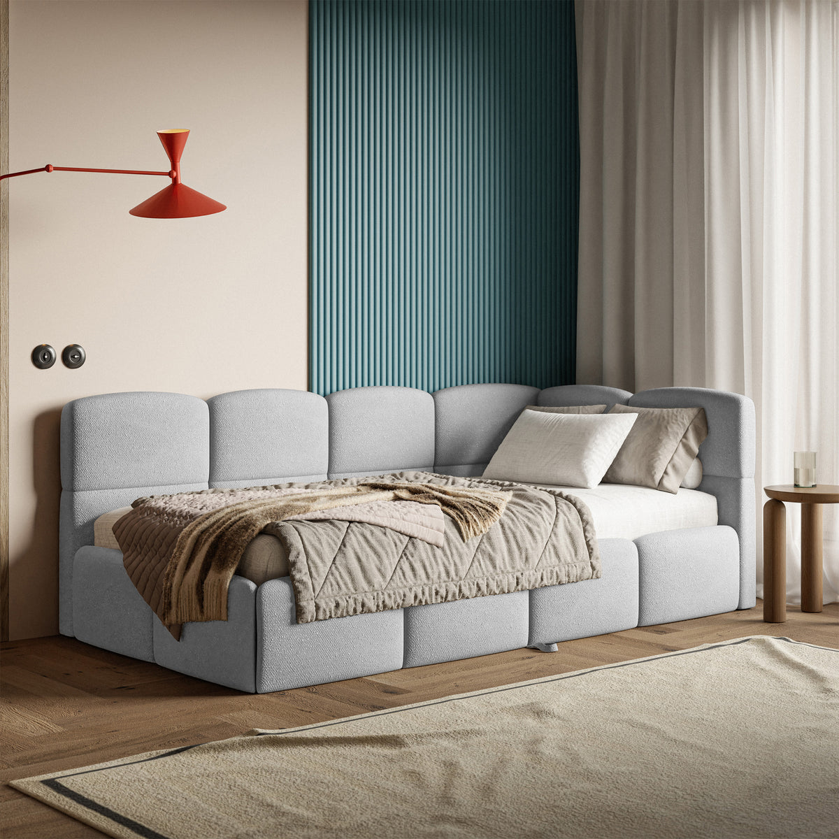 Jugendbett 90x200 cm Cloudy, ausziehbar, rechtsseitig, mit hellgrauen Chenille-Matratzen