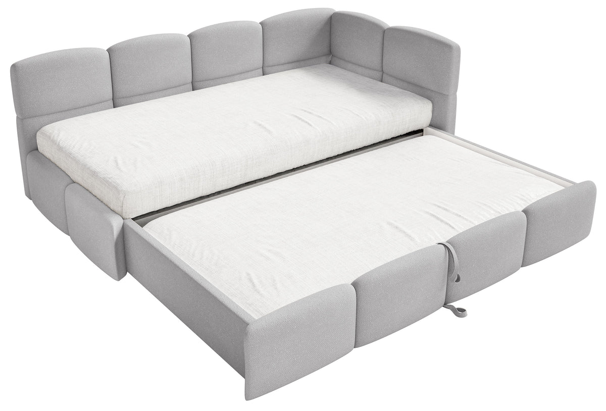 Jugendbett 90x200 cm Cloudy, ausziehbar, rechtsseitig, mit hellgrauen Chenille-Matratzen