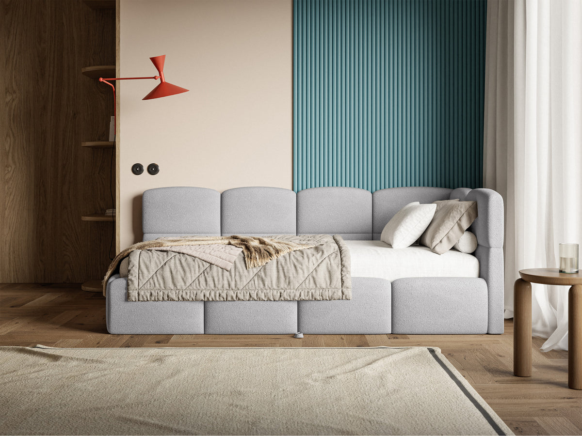 Jugendbett 90x200 cm Cloudy, ausziehbar, rechtsseitig, mit hellgrauen Chenille-Matratzen
