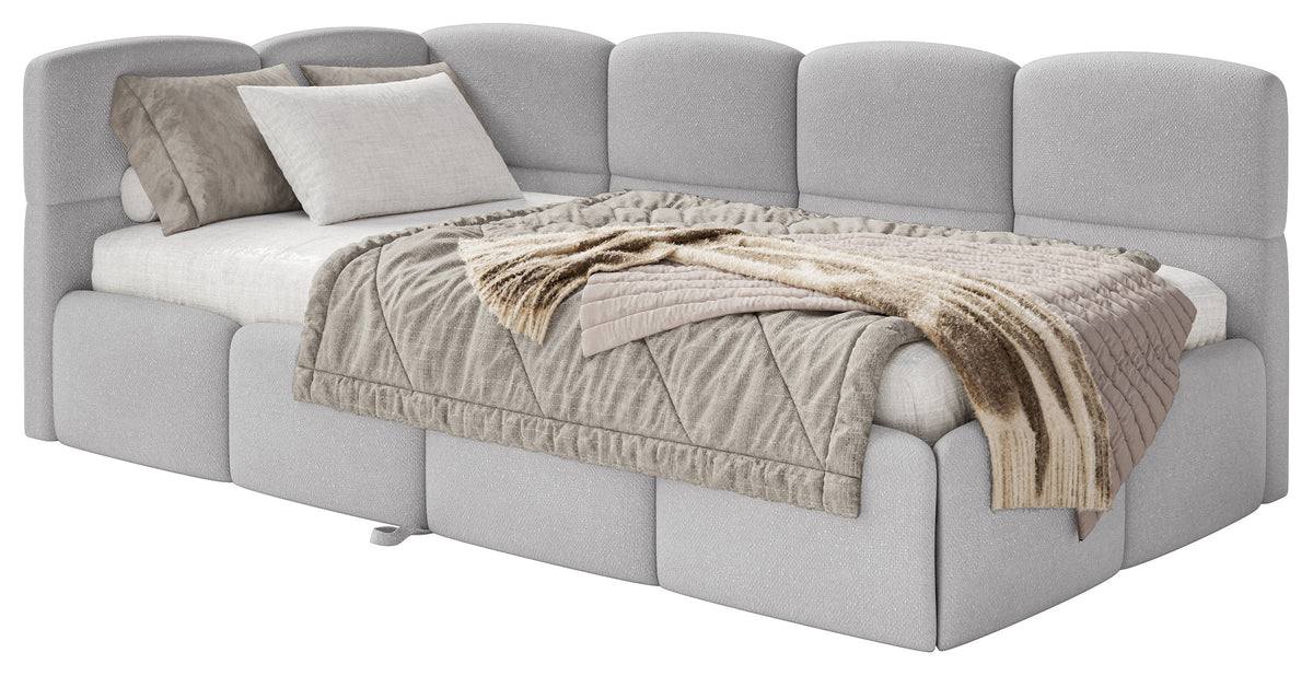 Jugendbett 90x200 cm Cloudy, linksseitig ausziehbar, mit hellgrauen Chenille-Matratzen