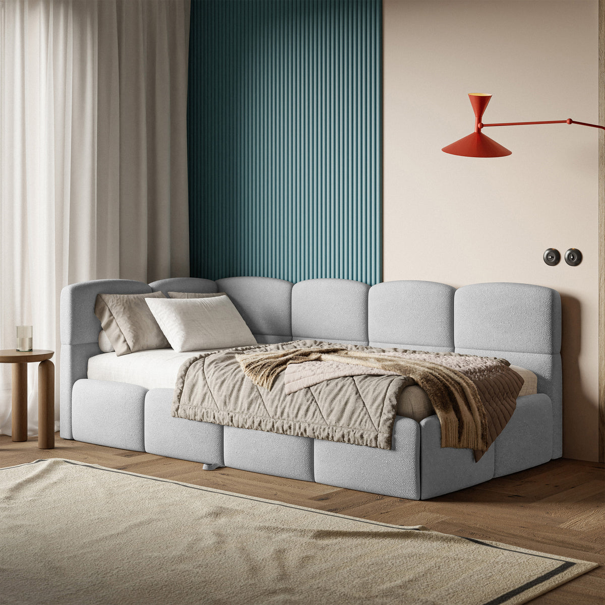 Jugendbett 90x200 cm Cloudy, linksseitig ausziehbar, mit hellgrauen Chenille-Matratzen
