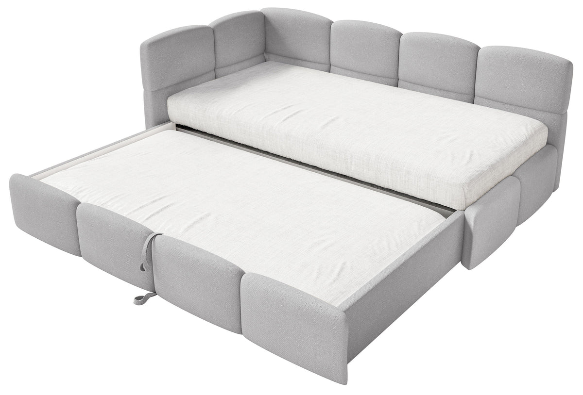Jugendbett 90x200 cm Cloudy, linksseitig ausziehbar, mit hellgrauen Chenille-Matratzen