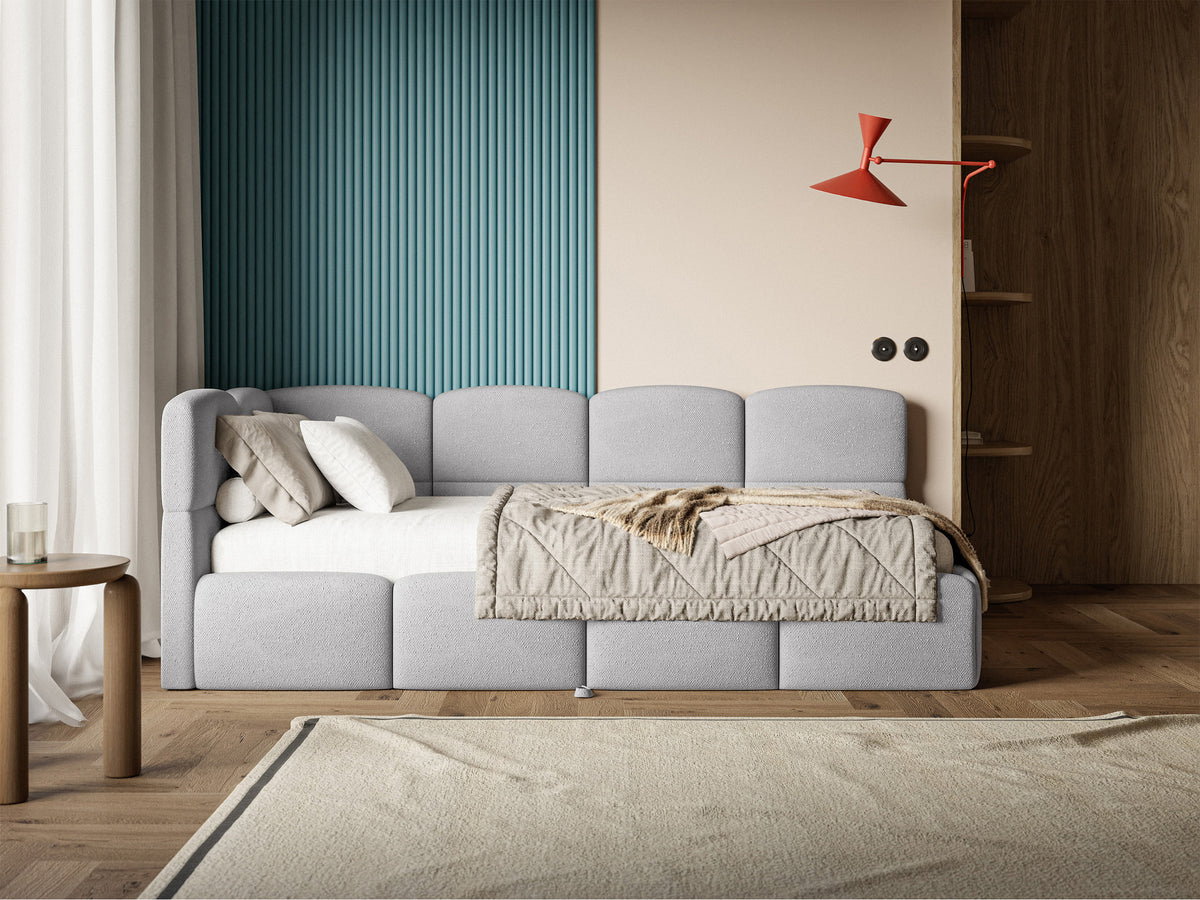 Jugendbett 90x200 cm Cloudy, linksseitig ausziehbar, mit hellgrauen Chenille-Matratzen