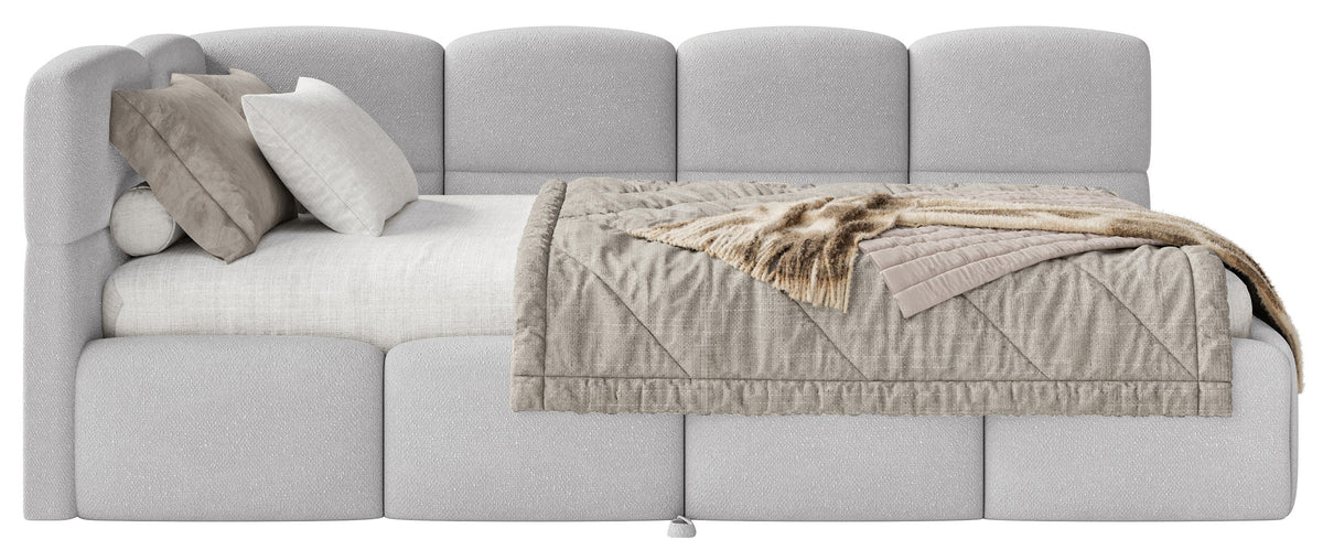 Jugendbett 90x200 cm Cloudy, linksseitig ausziehbar, mit hellgrauen Chenille-Matratzen