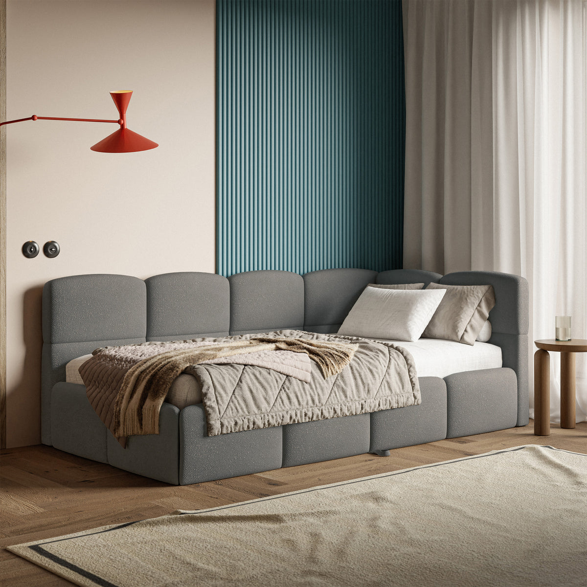 Jugendbett 90x200 cm Cloudy, rechtsseitig ausziehbar, mit dunkelgrauen Chenille-Matratzen