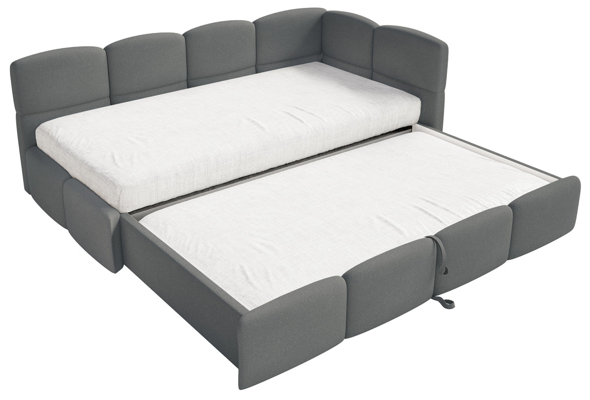 Jugendbett 90x200 cm Cloudy, rechtsseitig ausziehbar, mit dunkelgrauen Chenille-Matratzen