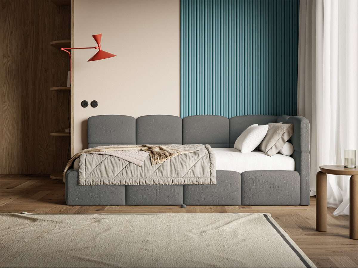 Jugendbett 90x200 cm Cloudy, rechtsseitig ausziehbar, mit dunkelgrauen Chenille-Matratzen