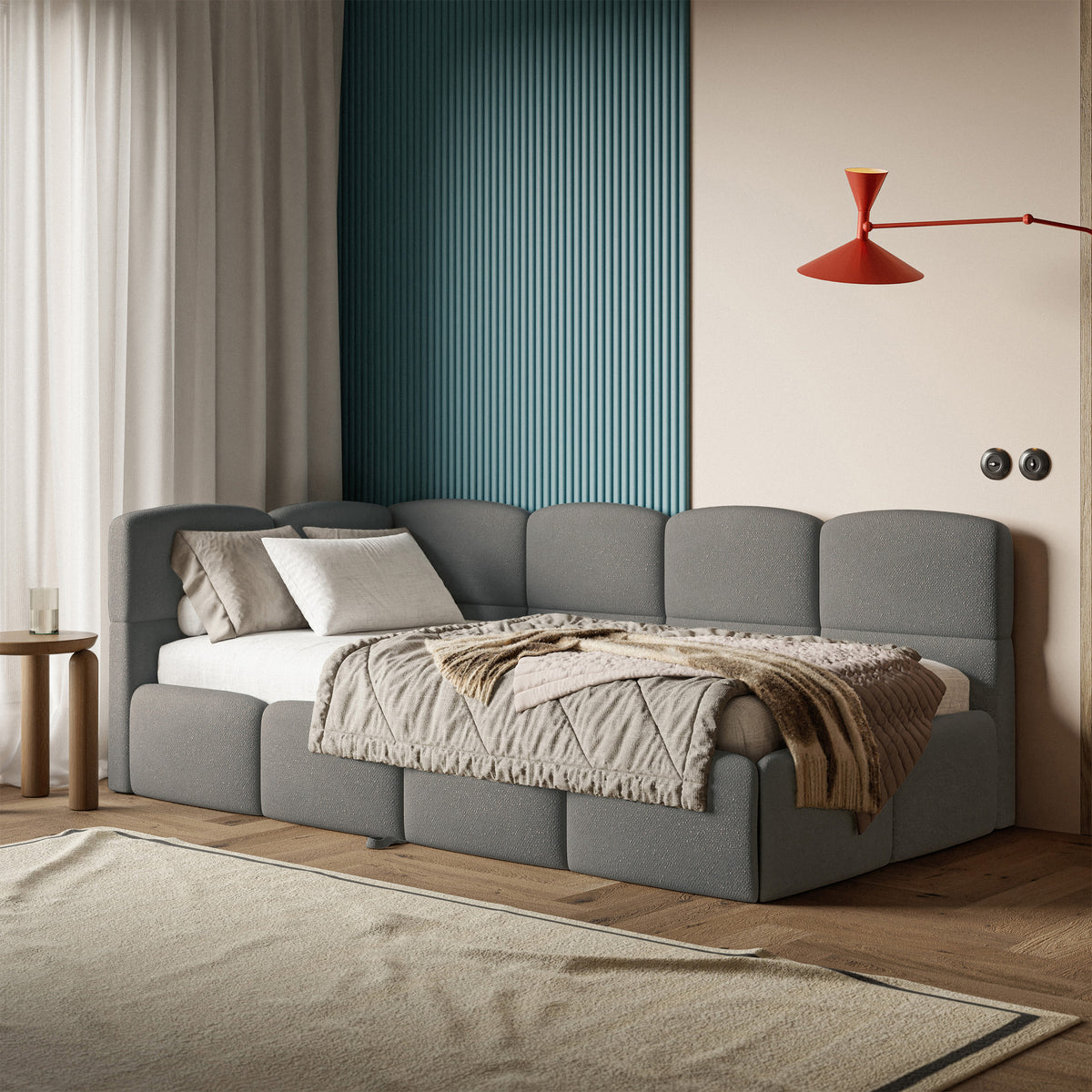 Jugendbett 90x200 cm Cloudy, links ausziehbar, mit dunkelgrauen Chenille-Matratzen