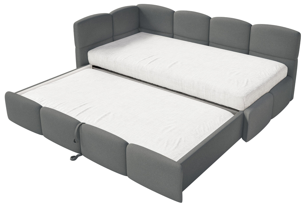Jugendbett 90x200 cm Cloudy, links ausziehbar, mit dunkelgrauen Chenille-Matratzen