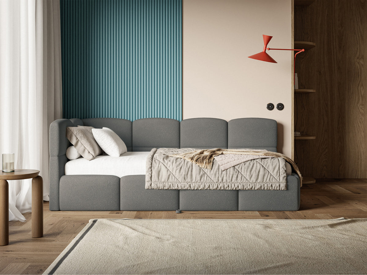 Jugendbett 90x200 cm Cloudy, links ausziehbar, mit dunkelgrauen Chenille-Matratzen
