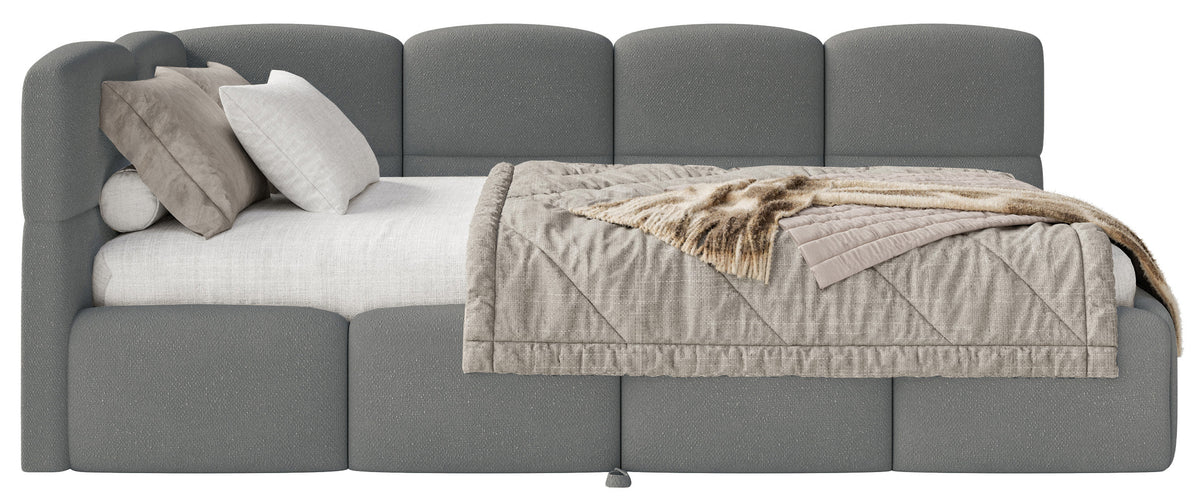 Jugendbett 90x200 cm Cloudy, links ausziehbar, mit dunkelgrauen Chenille-Matratzen