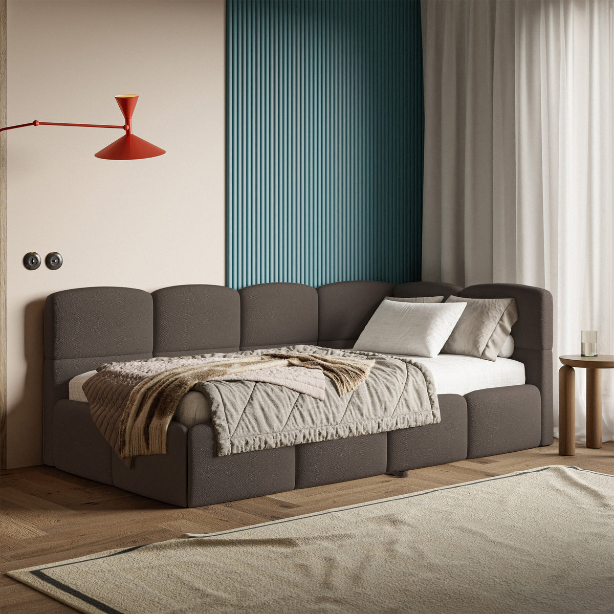 Jugendbett 90x200 cm Cloudy, rechtsseitig ausziehbar, mit Matratzen, brauner Chenille