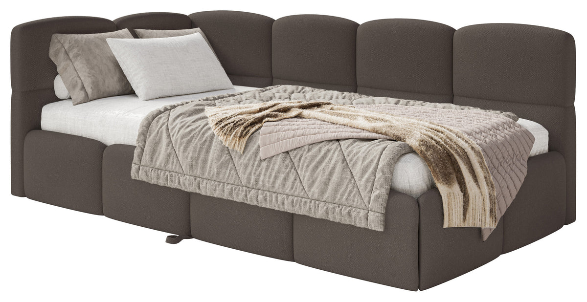Jugendbett 90x200 cm Cloudy, ausziehbar, linksseitig, mit Matratzen, braunes Chenille