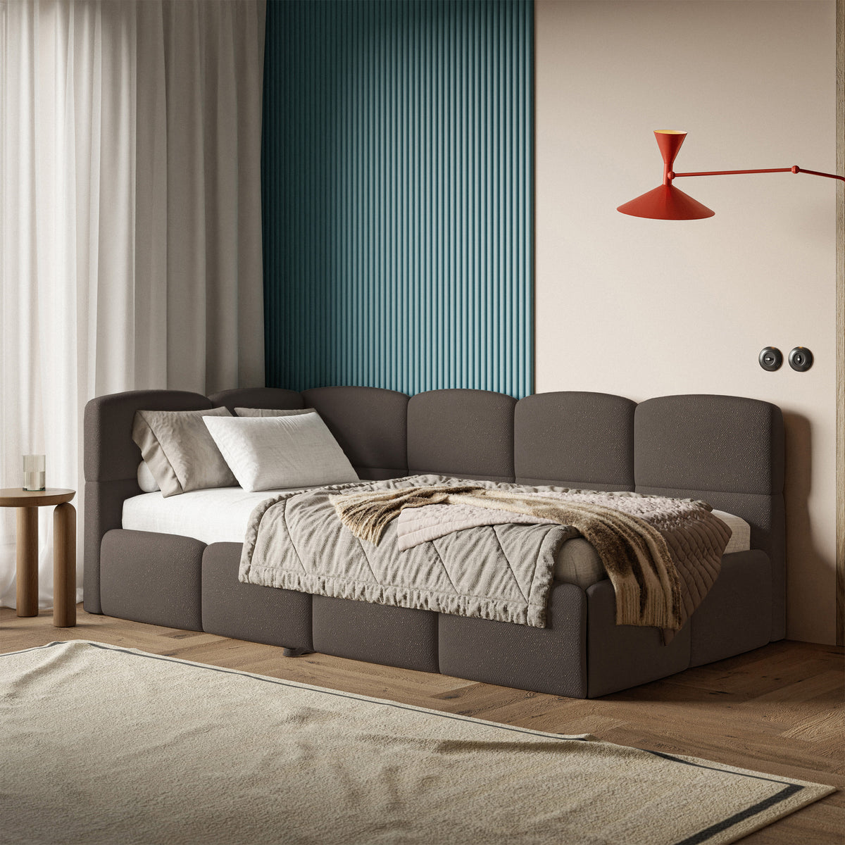 Jugendbett 90x200 cm Cloudy, ausziehbar, linksseitig, mit Matratzen, braunes Chenille
