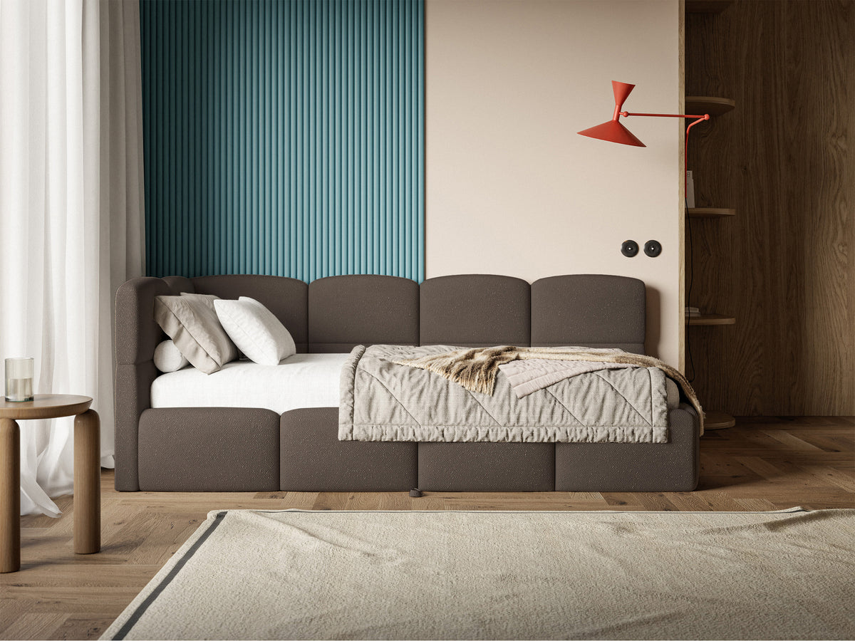 Jugendbett 90x200 cm Cloudy, ausziehbar, linksseitig, mit Matratzen, braunes Chenille
