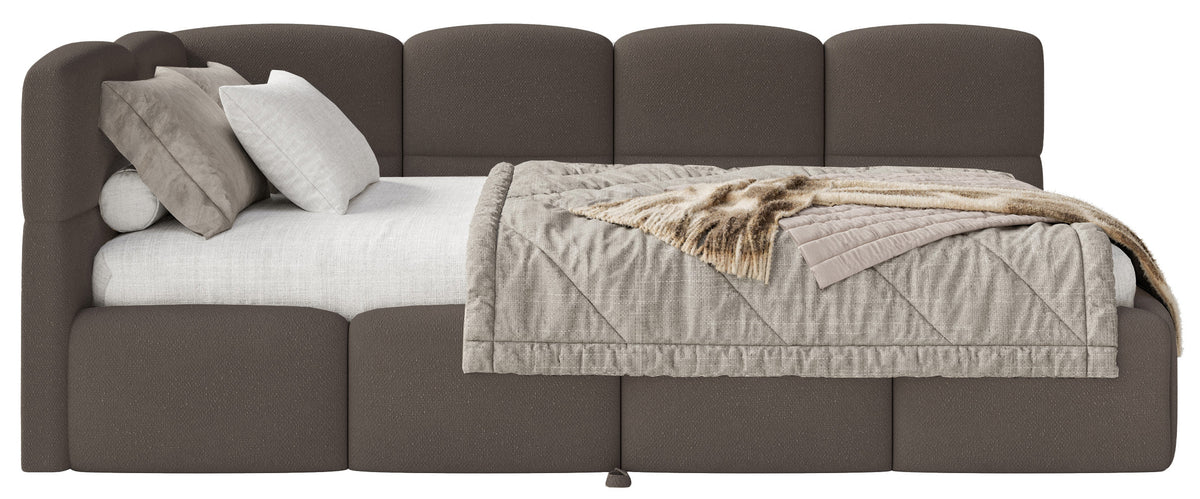 Jugendbett 90x200 cm Cloudy, ausziehbar, linksseitig, mit Matratzen, braunes Chenille