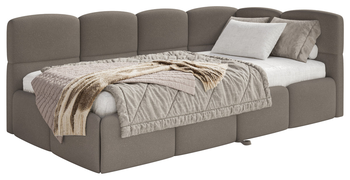 Jugendbett 90x200 cm Cloudy, ausziehbar, rechtsseitig, mit Matratzen, hellbrauner Chenille