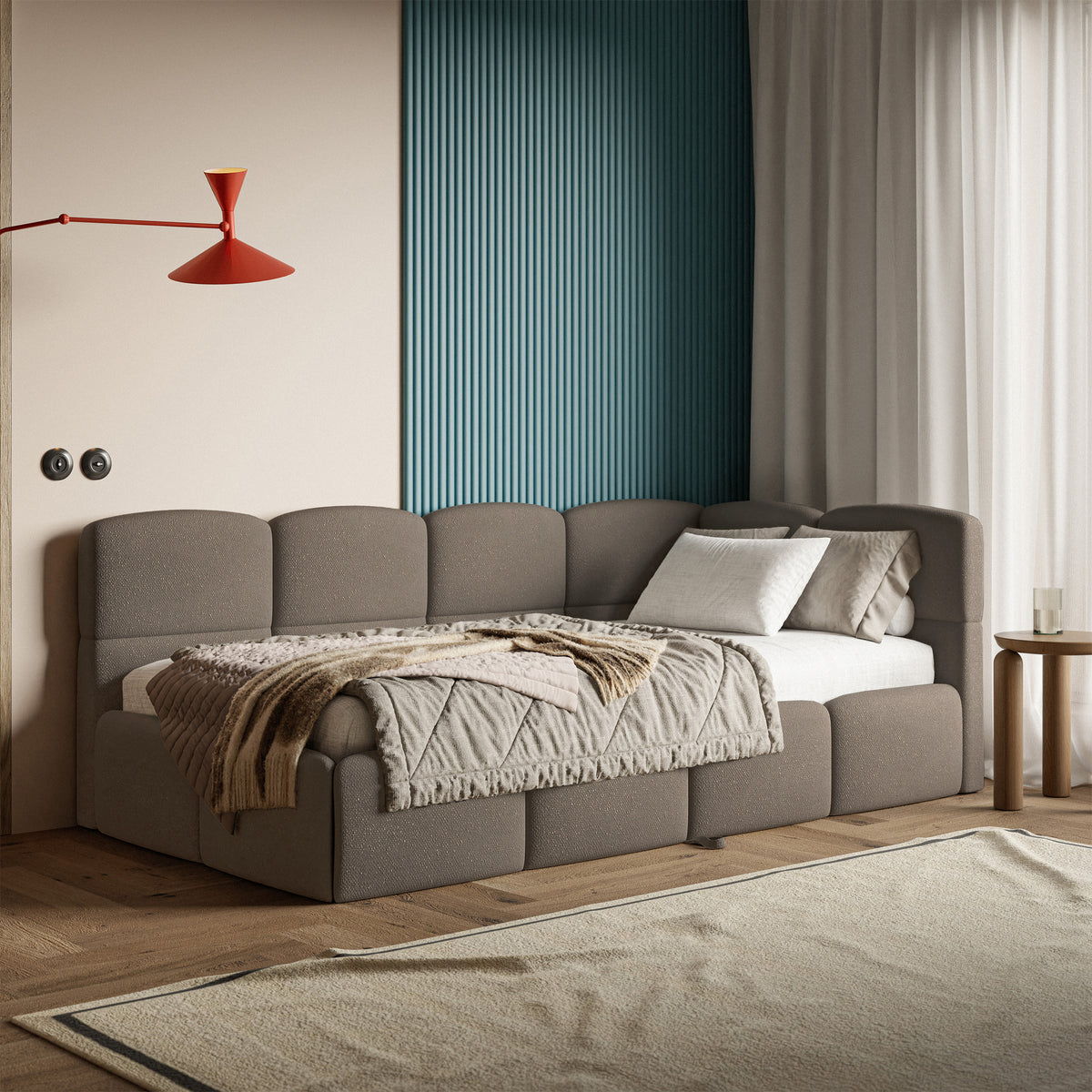 Jugendbett 90x200 cm Cloudy, ausziehbar, rechtsseitig, mit Matratzen, hellbrauner Chenille